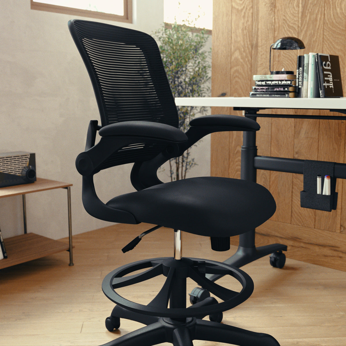 Mid-Back Mesh Ergonomic Drafting Chair with Adjustable Foot Ring and Flip-Up Arms