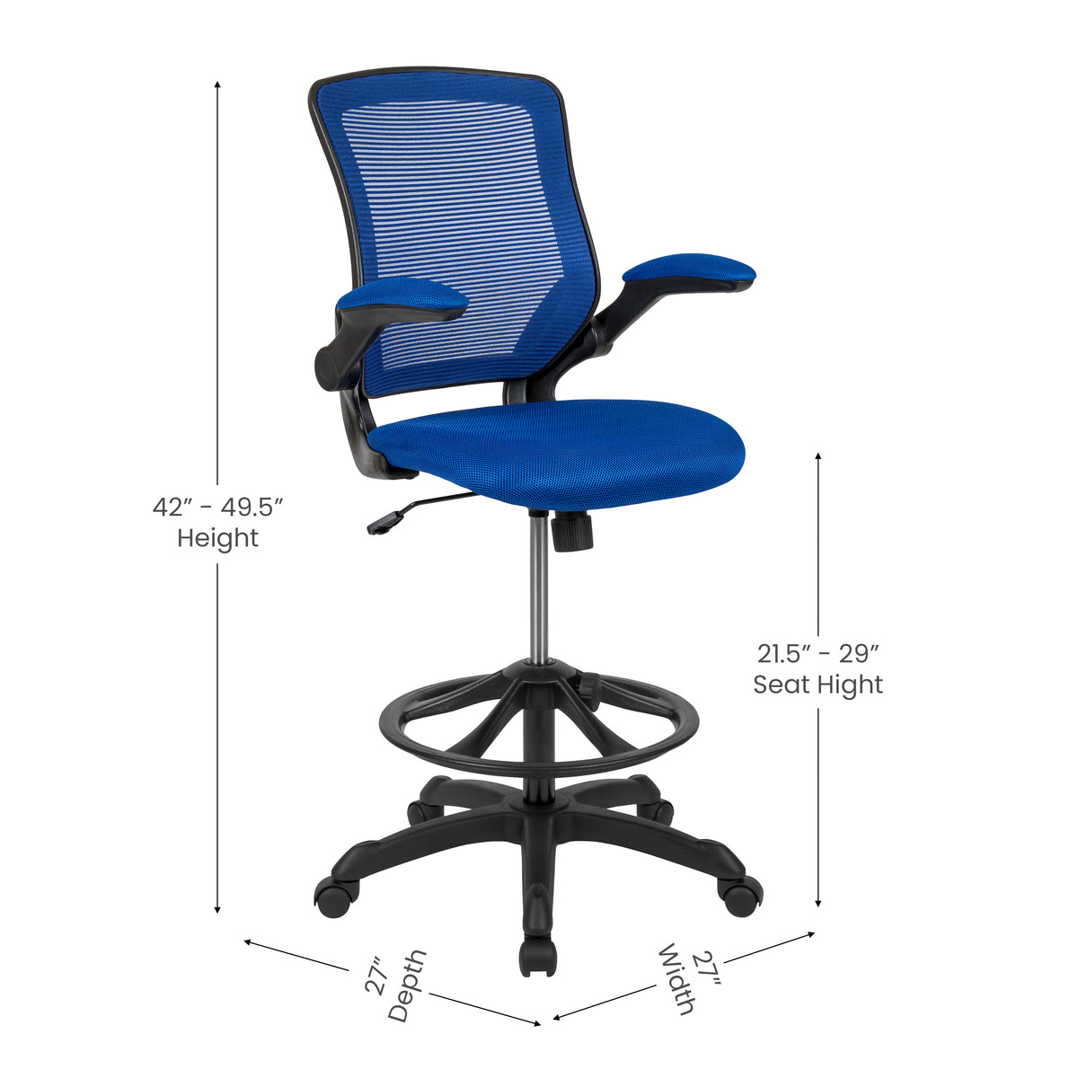 Mid-Back Mesh Ergonomic Drafting Chair with Adjustable Foot Ring and Flip-Up Arms