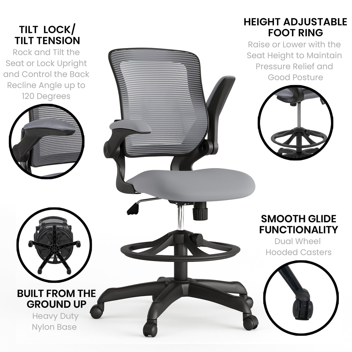 Mid-Back Mesh Ergonomic Drafting Chair with Adjustable Foot Ring and Flip-Up Arms