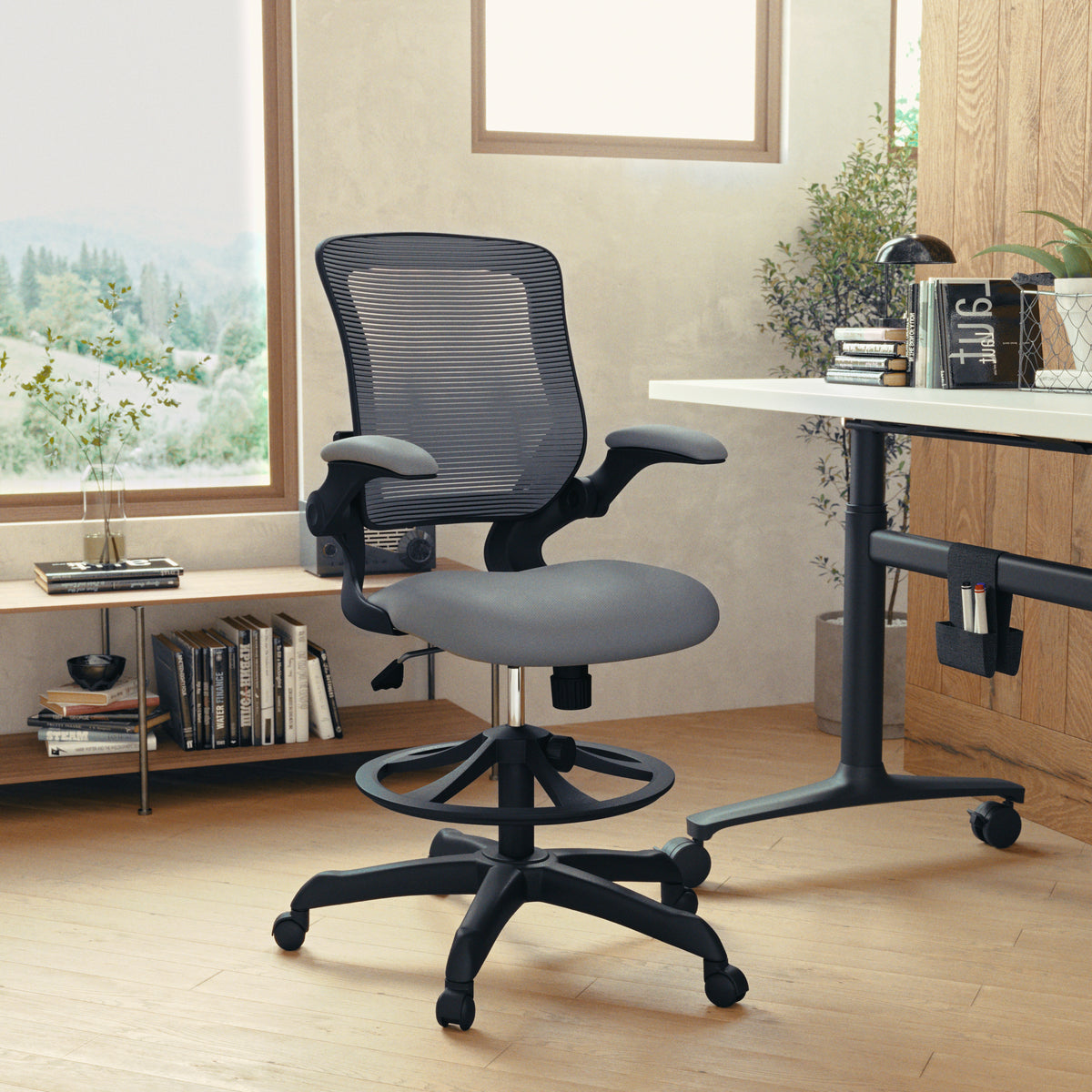 Mid-Back Mesh Ergonomic Drafting Chair with Adjustable Foot Ring and Flip-Up Arms