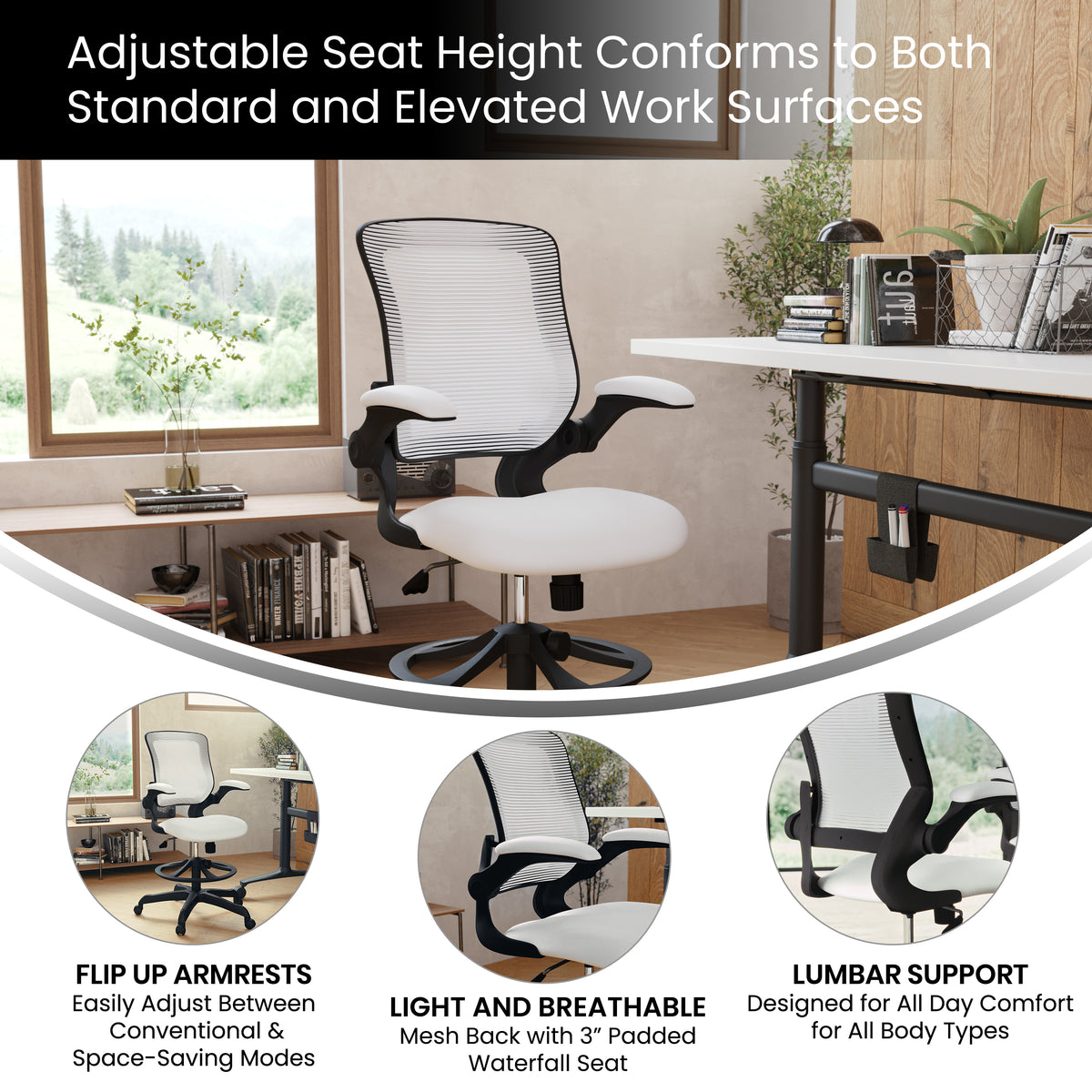 Mid-Back Mesh Ergonomic Drafting Chair with Adjustable Foot Ring and Flip-Up Arms
