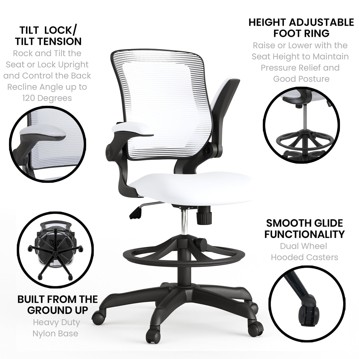 Mid-Back Mesh Ergonomic Drafting Chair with Adjustable Foot Ring and Flip-Up Arms