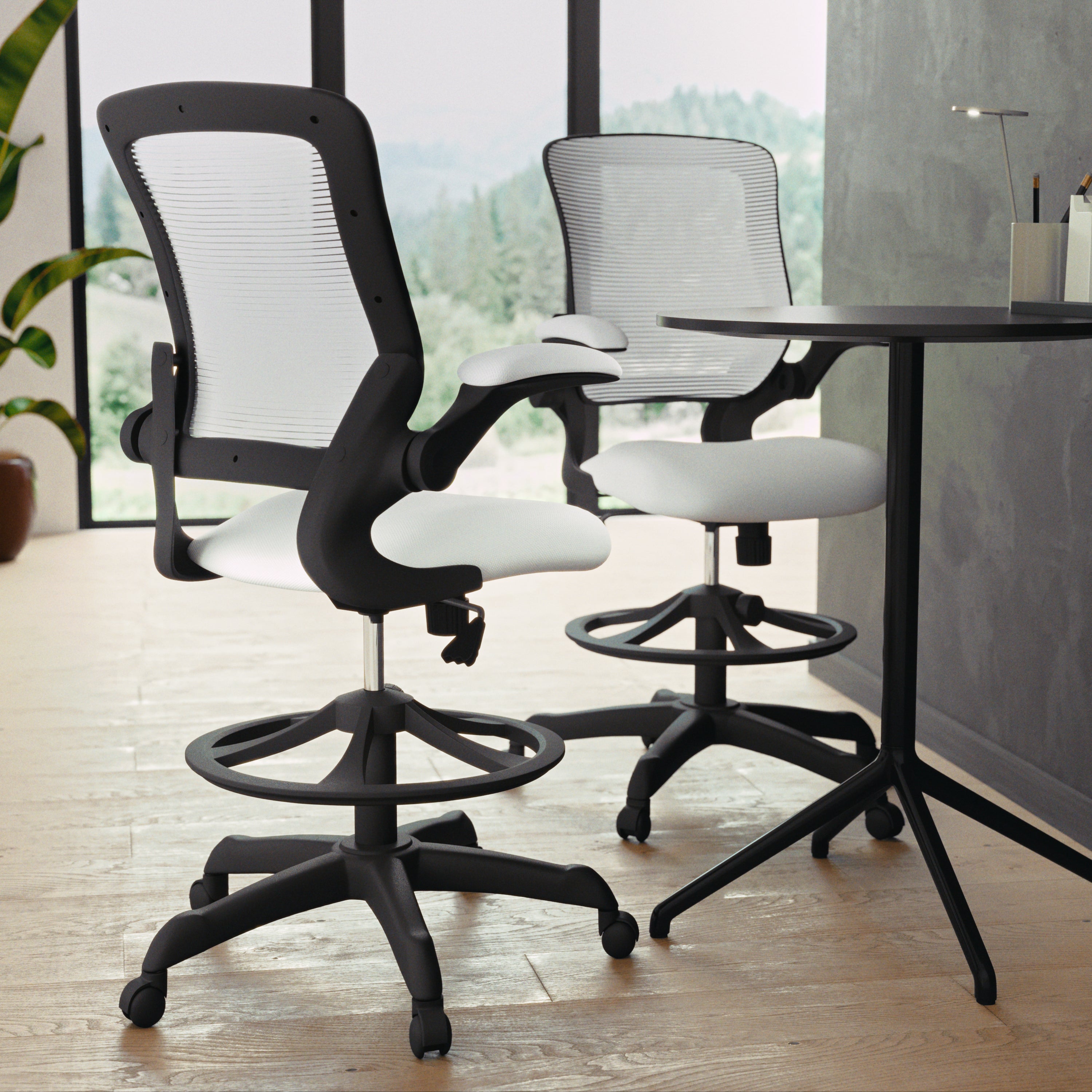 Mid-Back Mesh Ergonomic Drafting Chair with Adjustable Foot Ring and Flip-Up Arms-Drafting Stools-Flash Furniture-Wall2Wall Furnishings