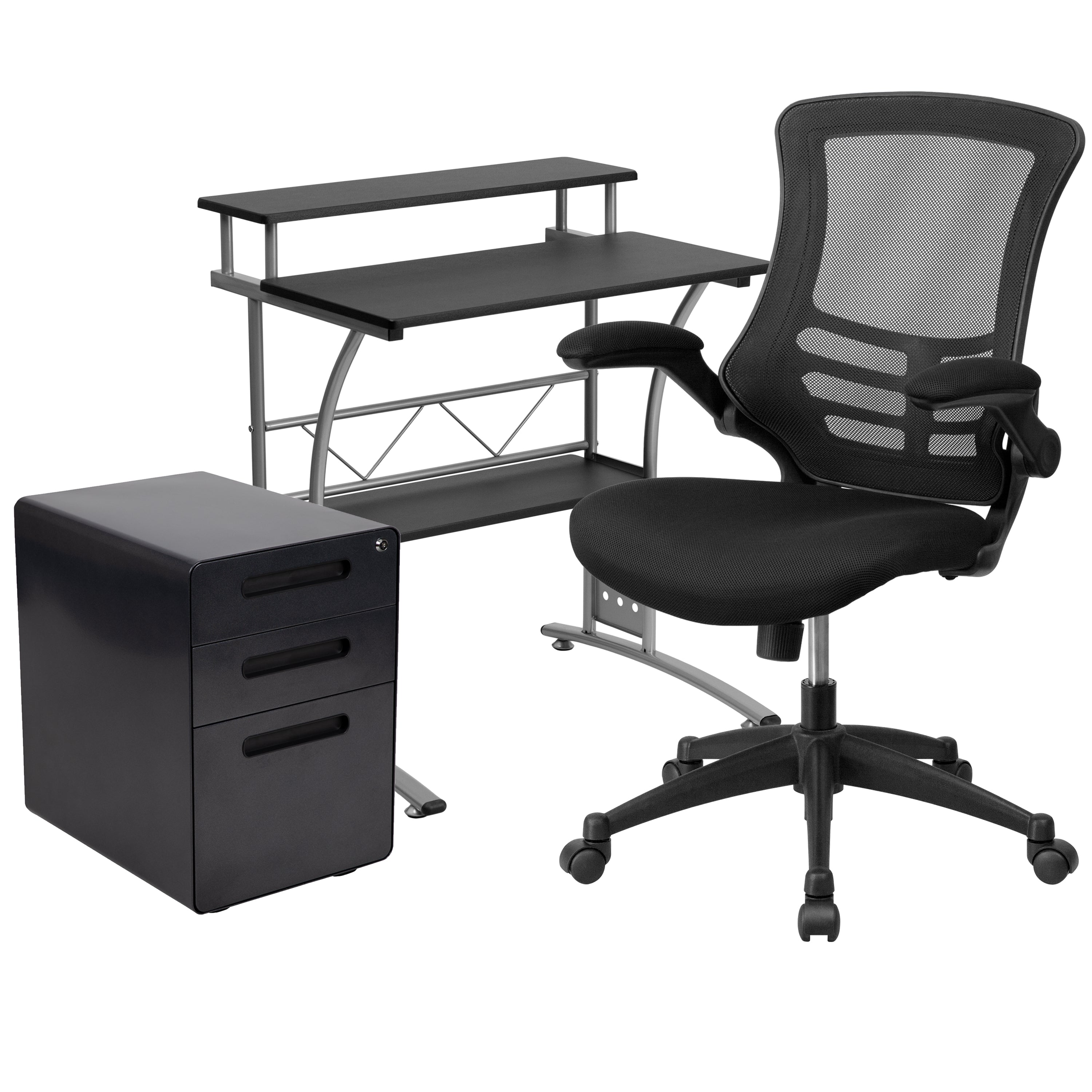 Work From Home Kit - Computer Desk, Ergonomic Mesh Office Chair and Locking Mobile Filing Cabinet with Inset Handles