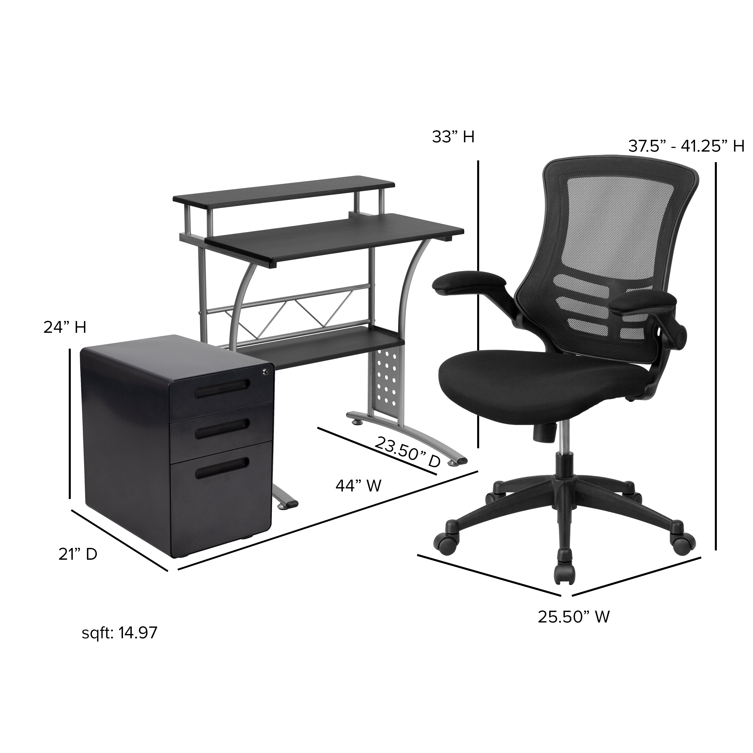 Work From Home Kit - Computer Desk, Ergonomic Mesh Office Chair and Locking Mobile Filing Cabinet with Inset Handles