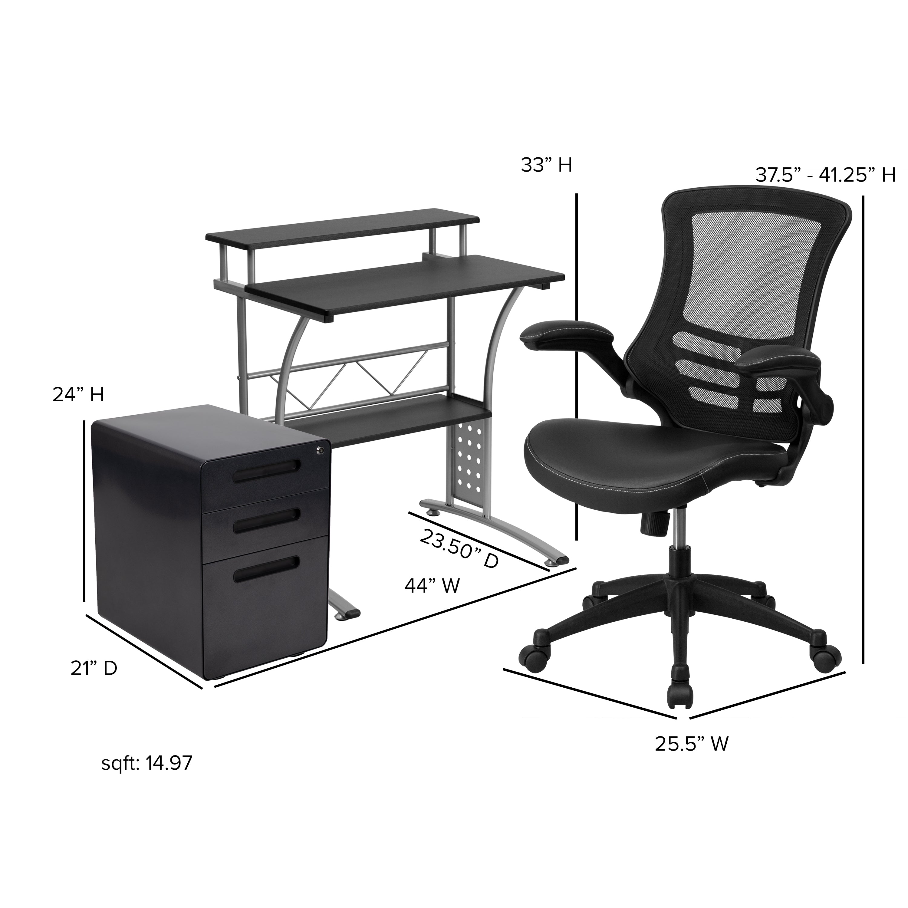 Work From Home Kit - Computer Desk, Ergonomic Mesh/LeatherSoft Office Chair and Locking Mobile Filing Cabinet