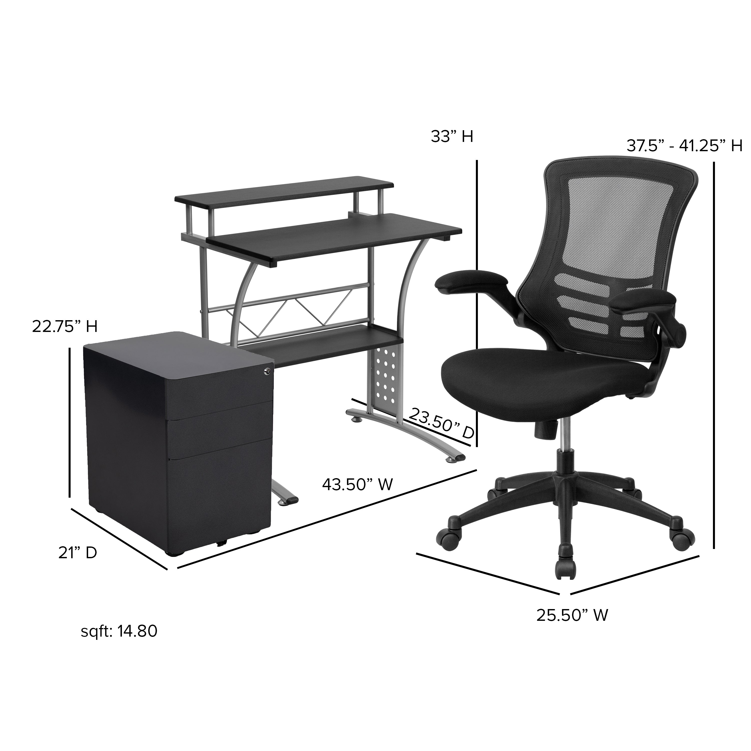 Work From Home Kit - Computer Desk, Ergonomic Mesh Office Chair and Locking Mobile Filing Cabinet with Side Handles