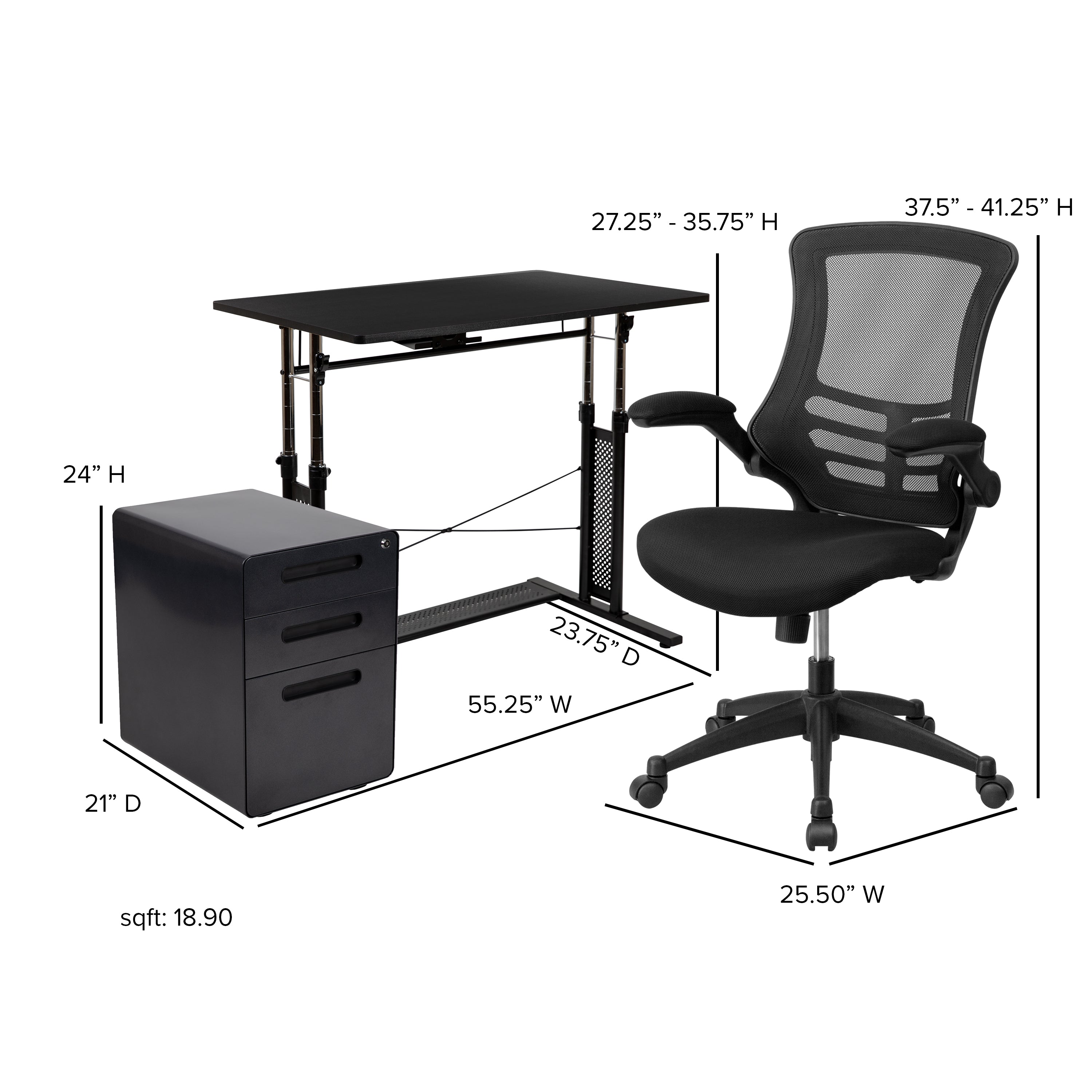 Work From Home Kit - Adjustable Computer Desk, Ergonomic Mesh Office Chair and Locking Mobile Filing Cabinet with Inset Handles