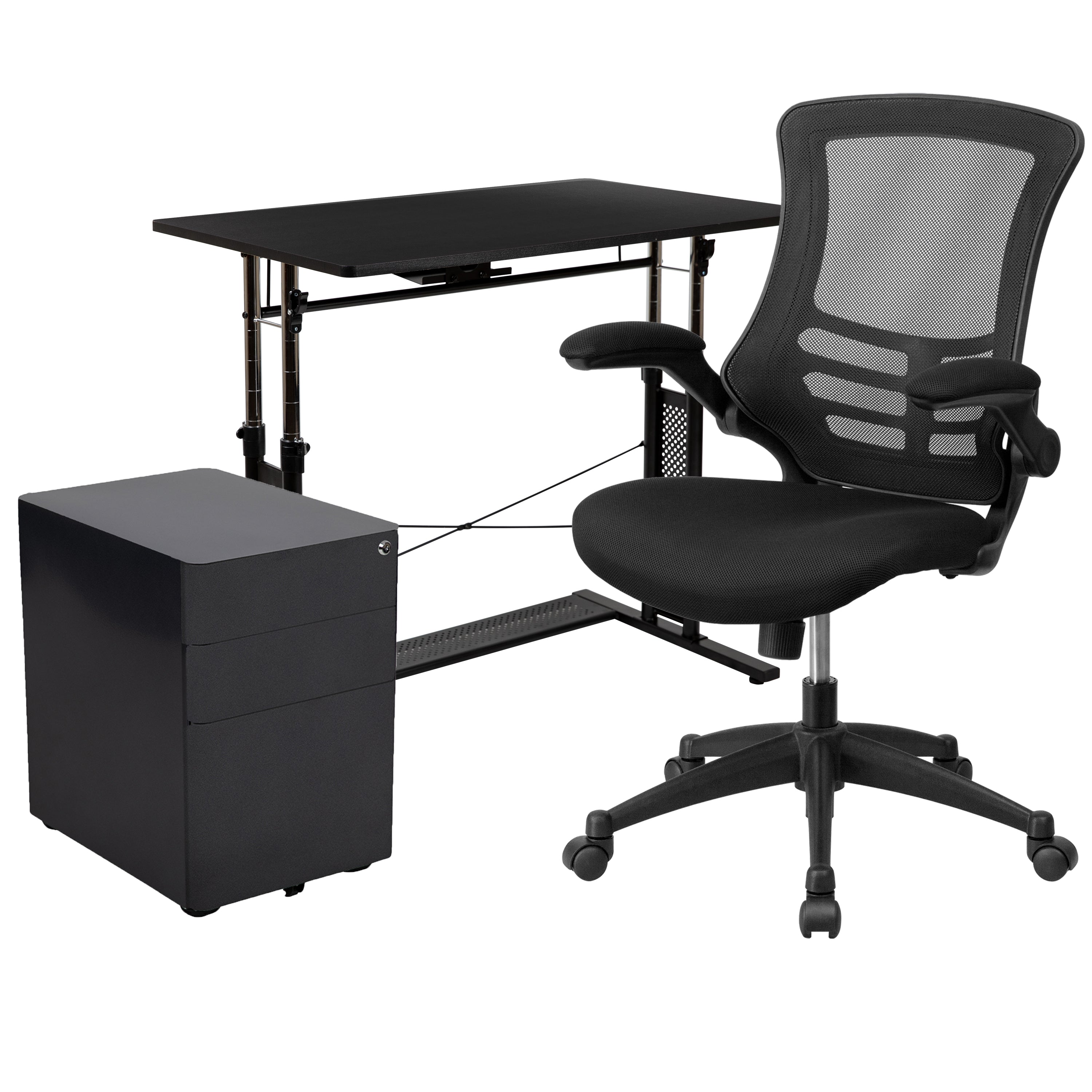 Work From Home Kit - Adjustable Computer Desk, Ergonomic Mesh Office Chair and Locking Mobile Filing Cabinet with Side Handles-Office Bundle - Desk, File Cabinet, Chair-Flash Furniture-Wall2Wall Furnishings