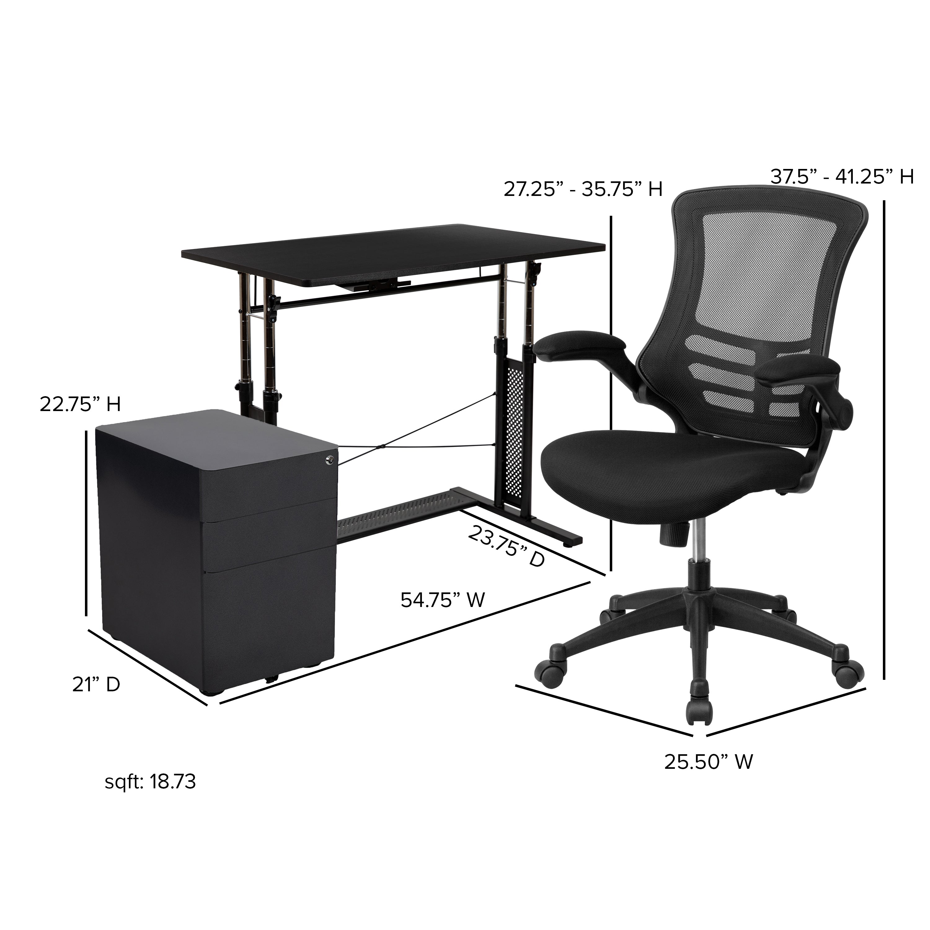 Work From Home Kit - Adjustable Computer Desk, Ergonomic Mesh Office Chair and Locking Mobile Filing Cabinet with Side Handles