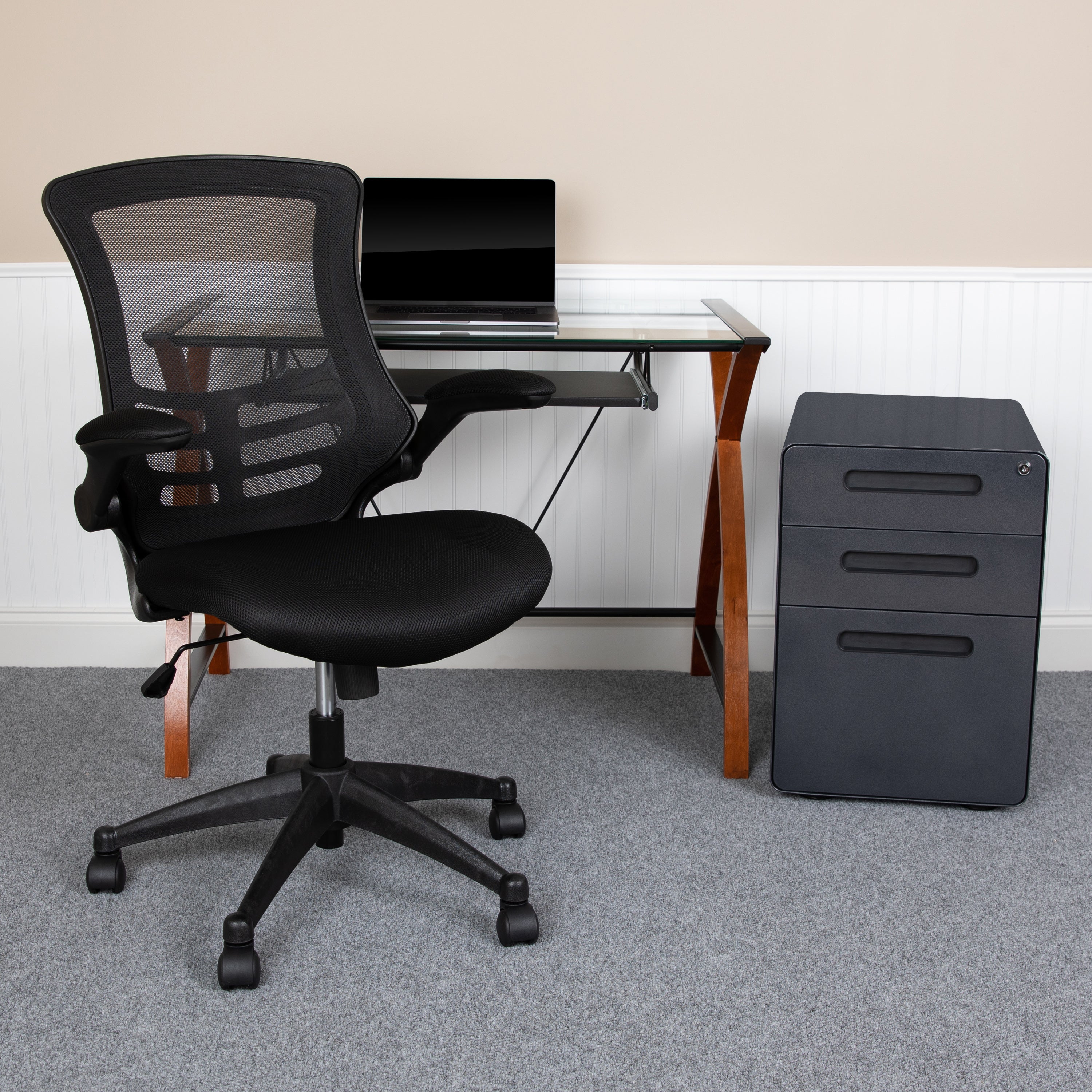 Work From Home Kit - Glass Desk with Keyboard Tray, Ergonomic Mesh Office Chair and Filing Cabinet with Lock & Inset Handles-Office Bundle - Desk, File Cabinet, Chair-Flash Furniture-Wall2Wall Furnishings