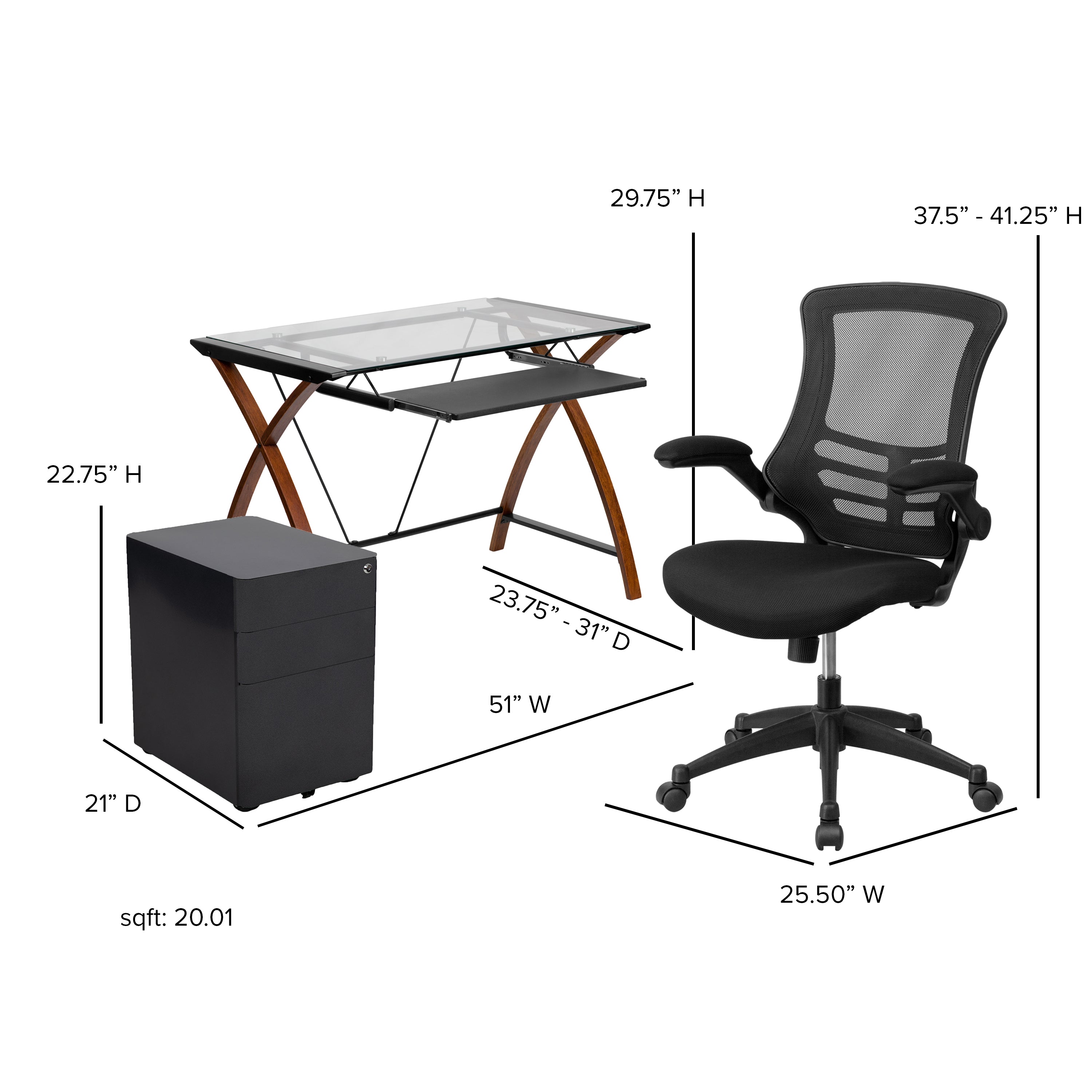 Work From Home Kit - Glass Desk with Keyboard Tray, Ergonomic Mesh Office Chair and Filing Cabinet with Lock & Side Handles-Office Bundle - Desk, File Cabinet, Chair-Flash Furniture-Wall2Wall Furnishings