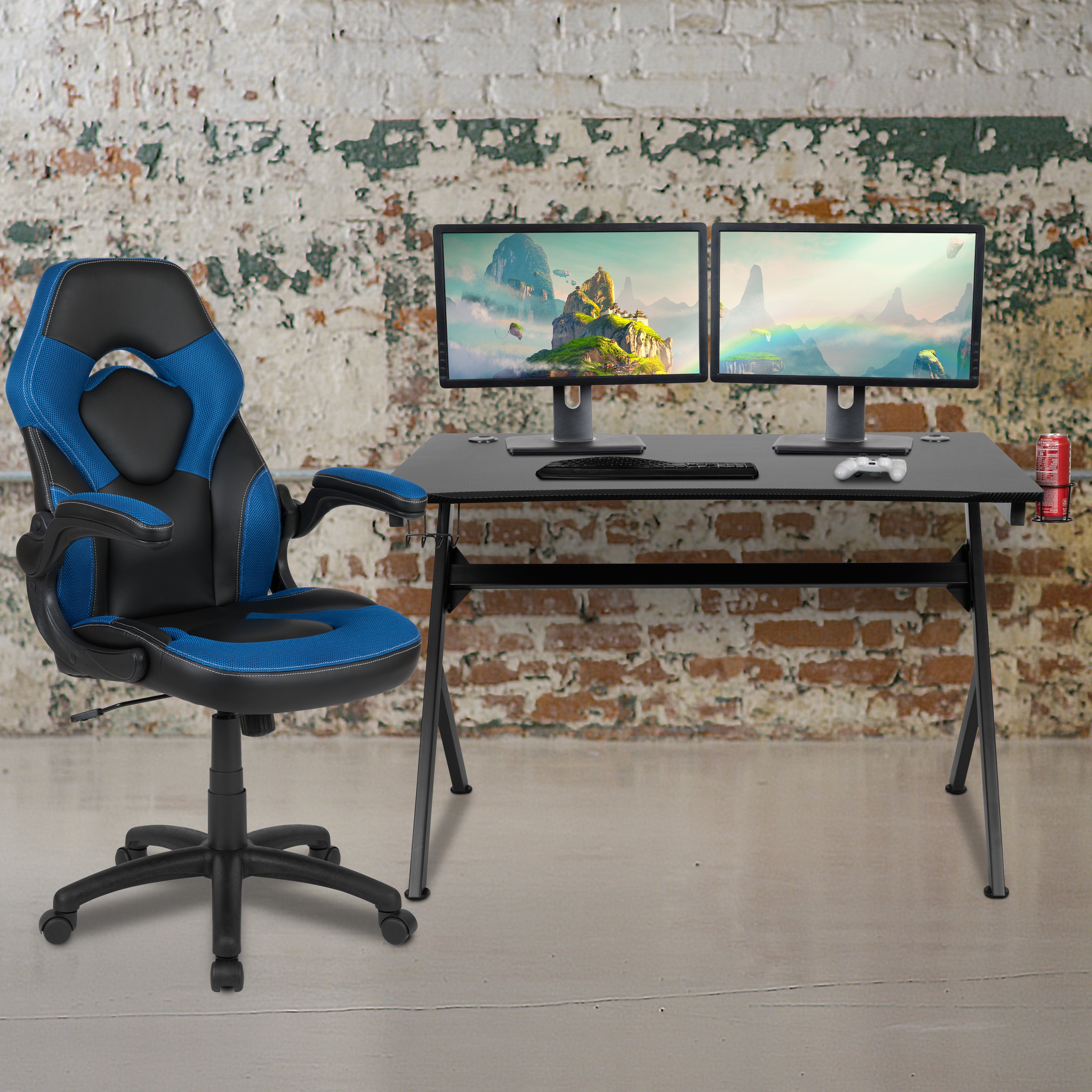 Gaming Desk and Racing Chair Set with Cup Holder, Headphone Hook & 2 Wire Management Holes