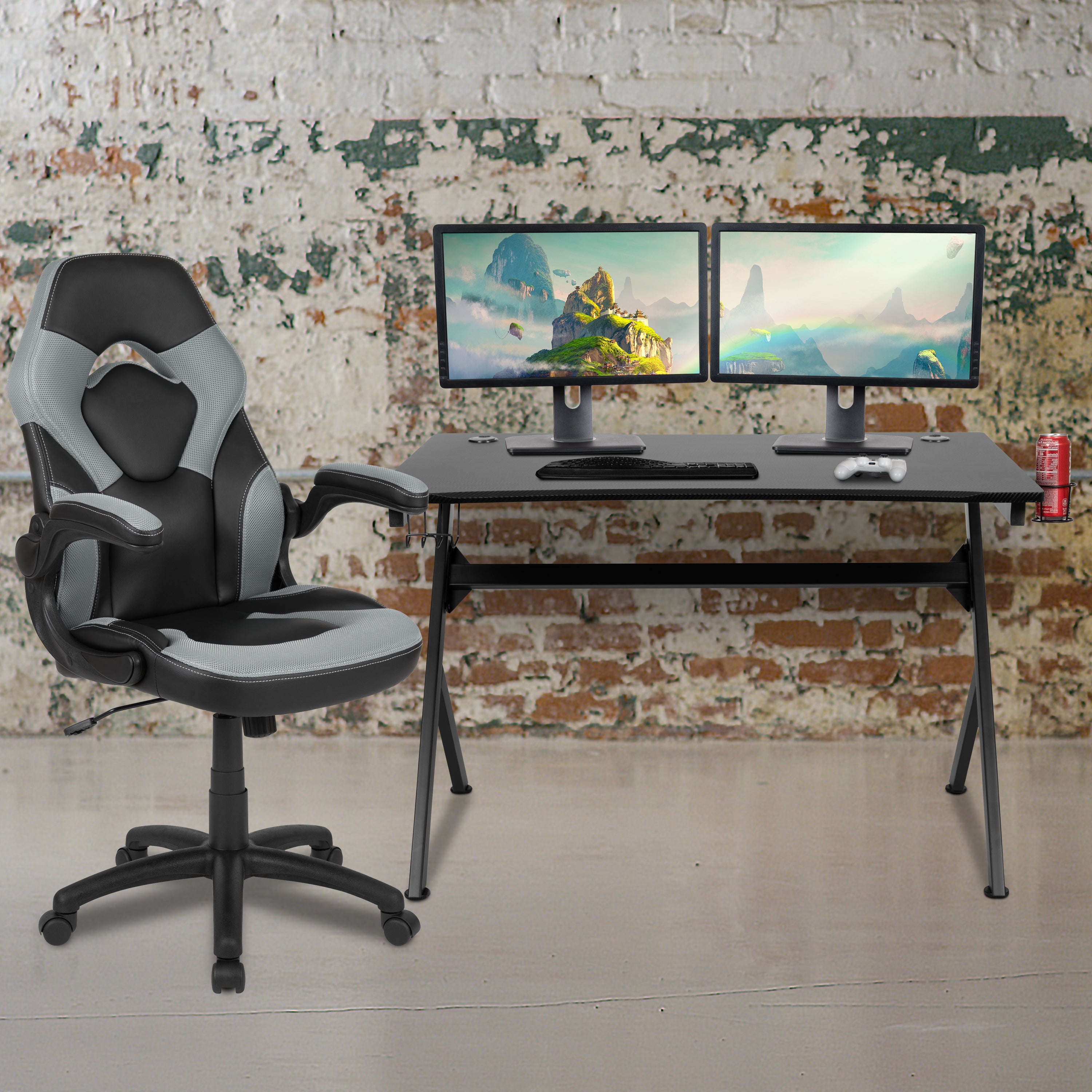 Gaming Desk and Racing Chair Set with Cup Holder, Headphone Hook & 2 Wire Management Holes