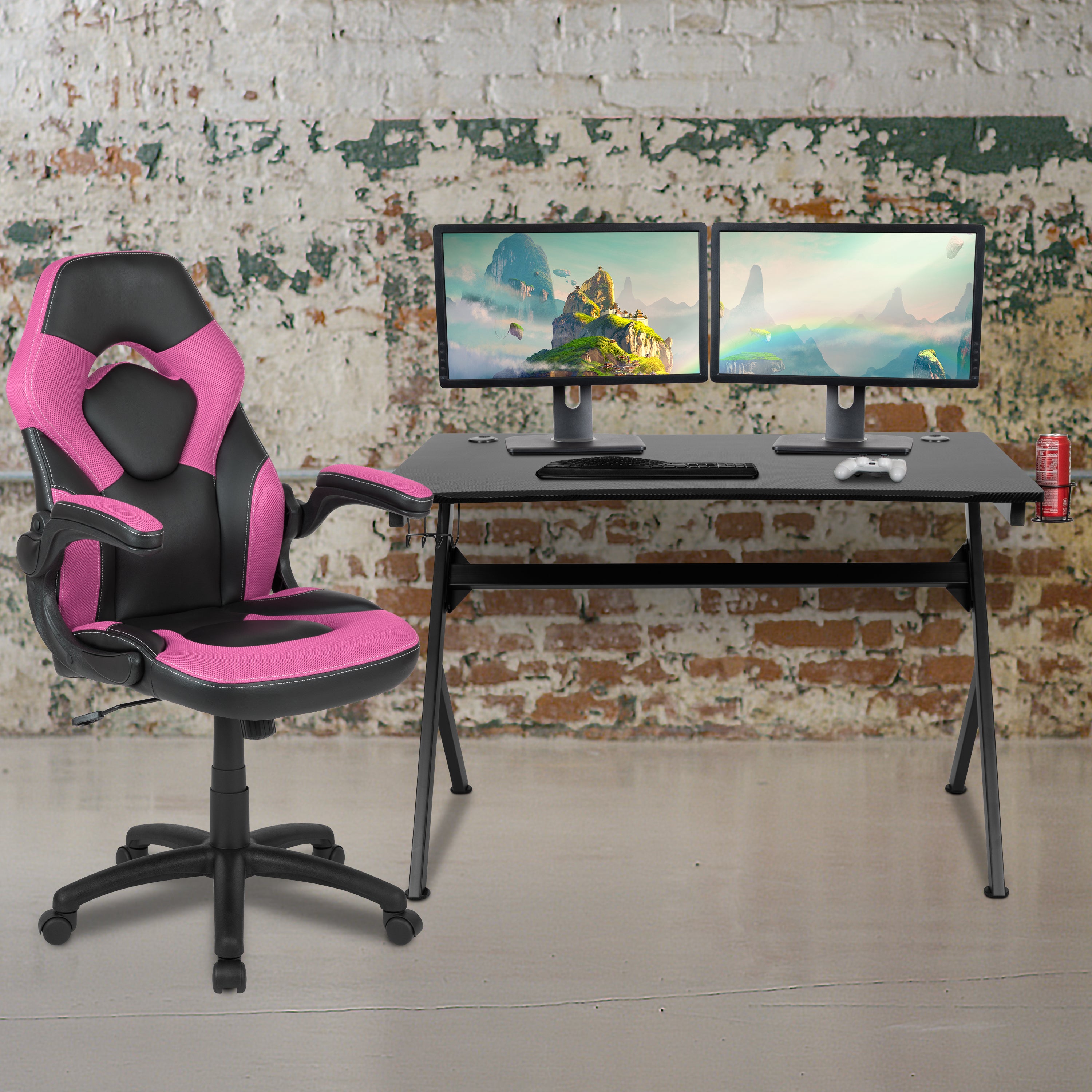Gaming Desk and Racing Chair Set with Cup Holder, Headphone Hook & 2 Wire Management Holes