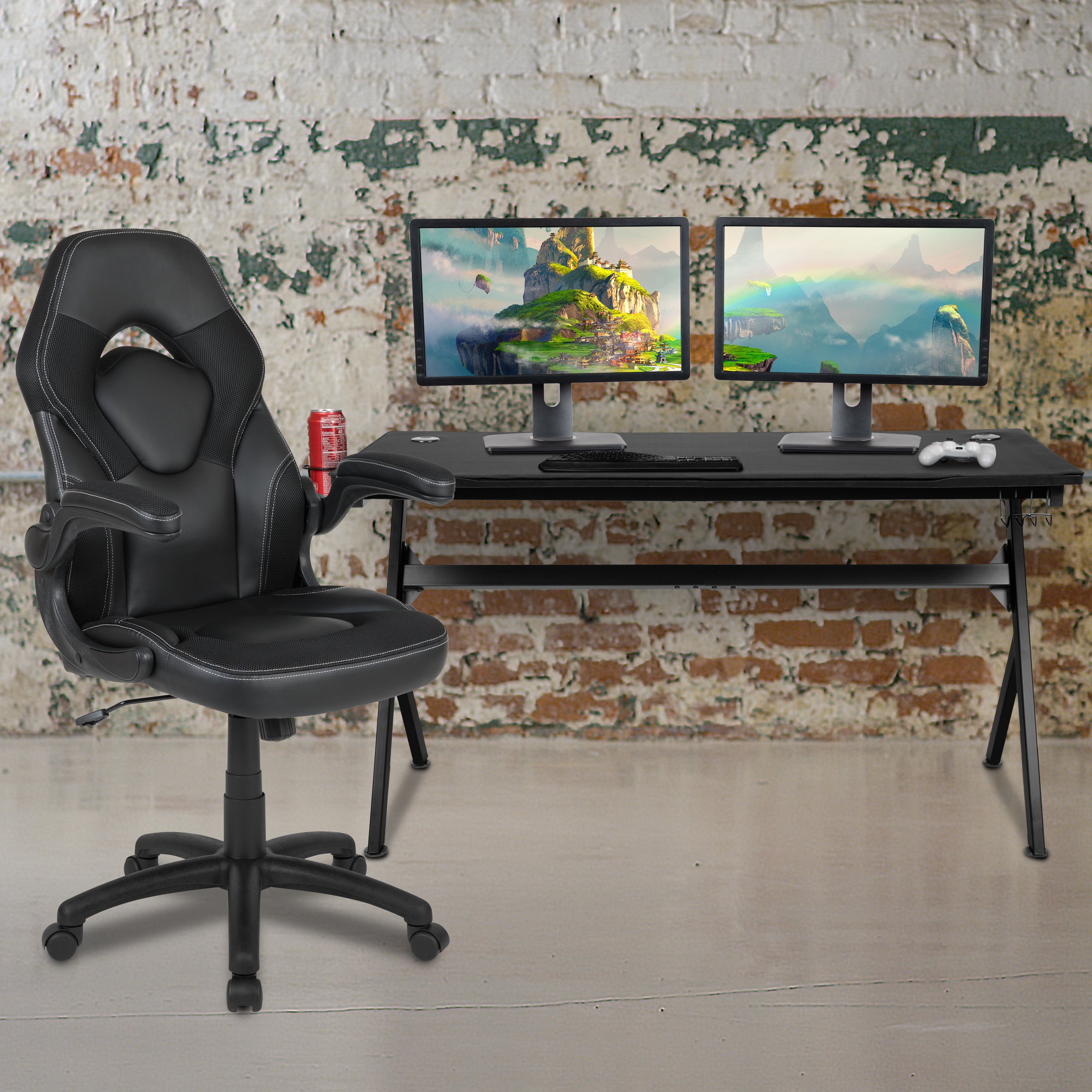 Gaming Desk and Racing Chair Set with Cup Holder, Headphone Hook and Removable Mouse Pad Top - 2 Wire Management Holes