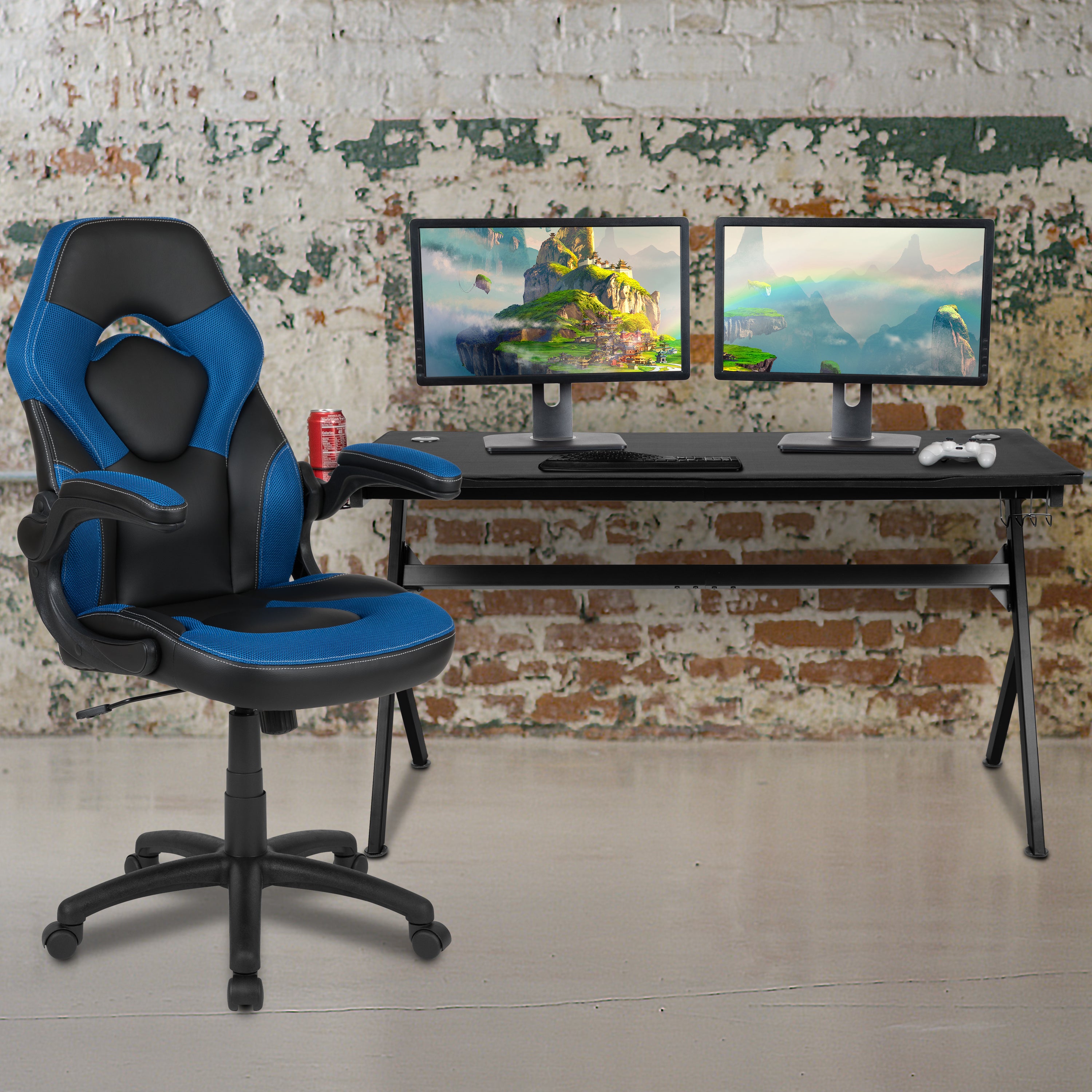 Gaming Desk and Racing Chair Set with Cup Holder, Headphone Hook and Removable Mouse Pad Top - 2 Wire Management Holes