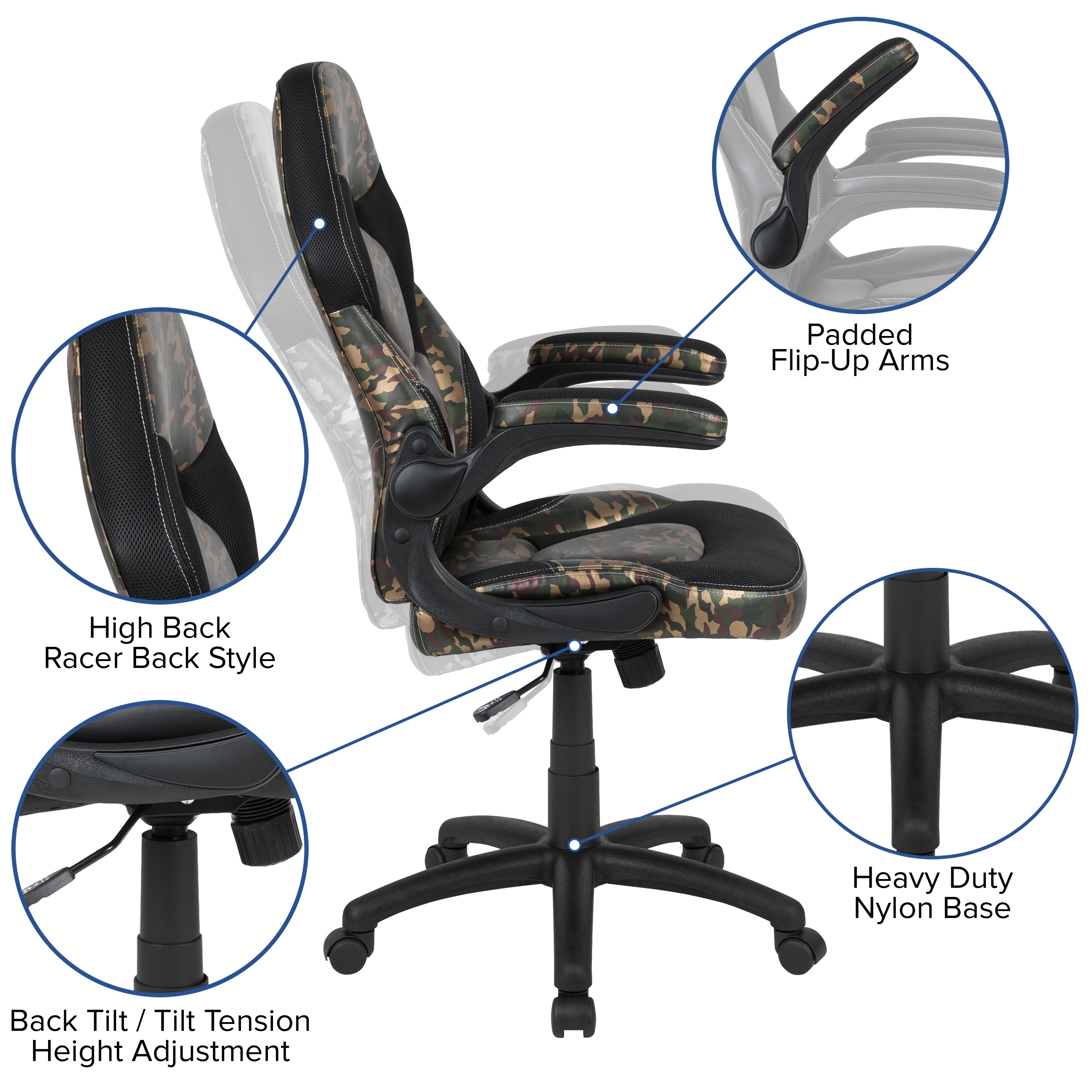 Gaming Desk and Racing Chair Set with Cup Holder, Headphone Hook and Removable Mouse Pad Top - 2 Wire Management Holes