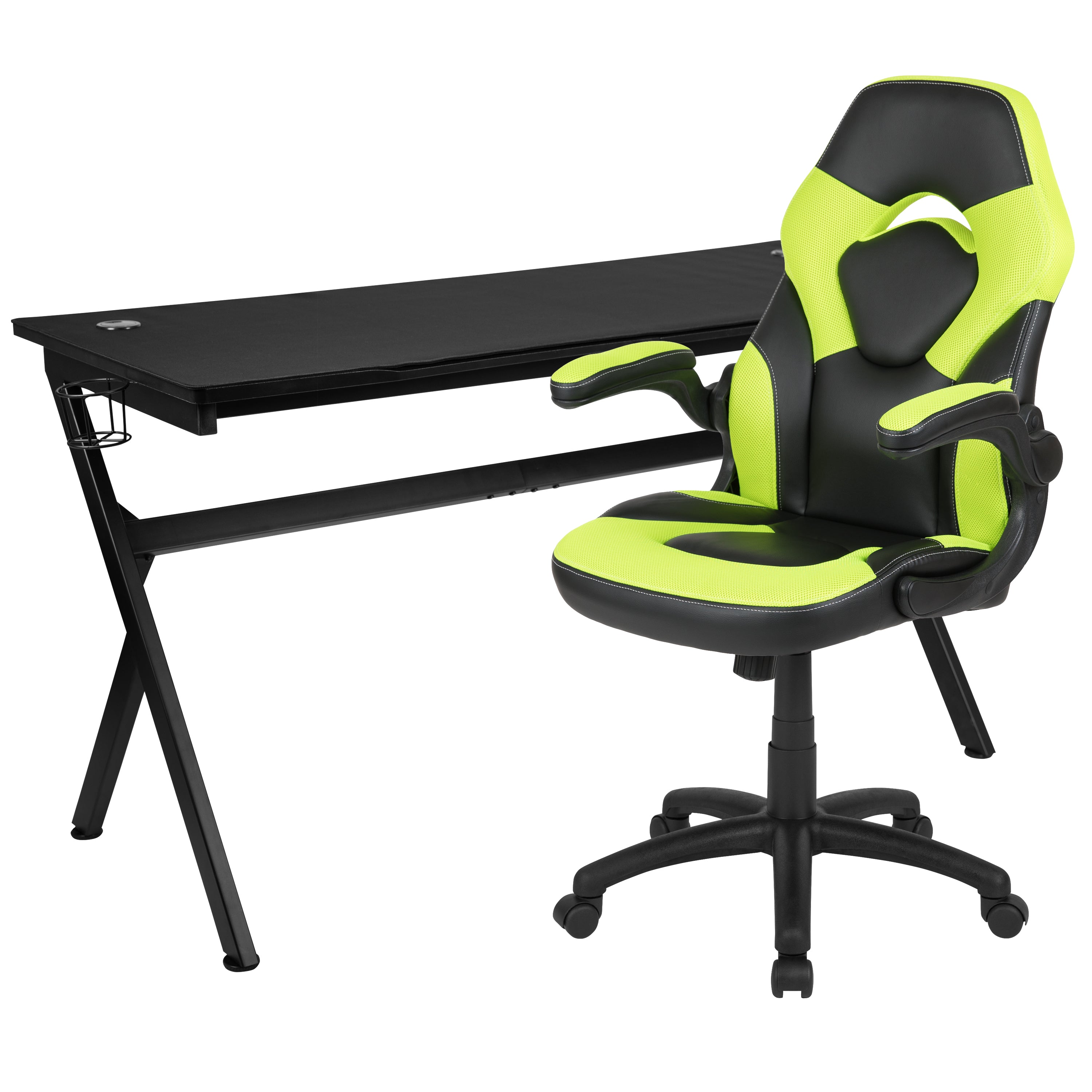 Gaming Desk and Racing Chair Set with Cup Holder, Headphone Hook and Removable Mouse Pad Top - 2 Wire Management Holes