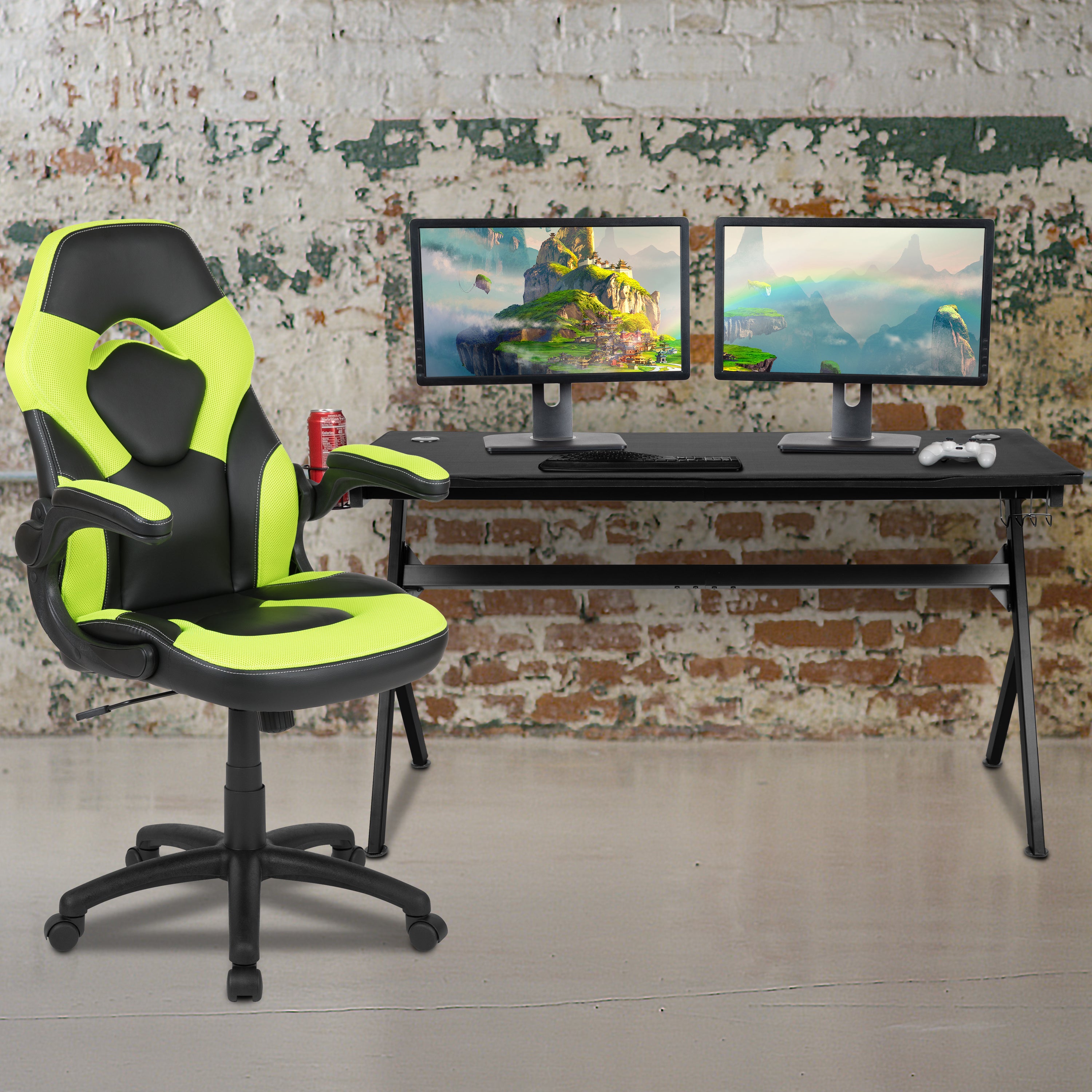 Gaming Desk and Racing Chair Set with Cup Holder, Headphone Hook and Removable Mouse Pad Top - 2 Wire Management Holes