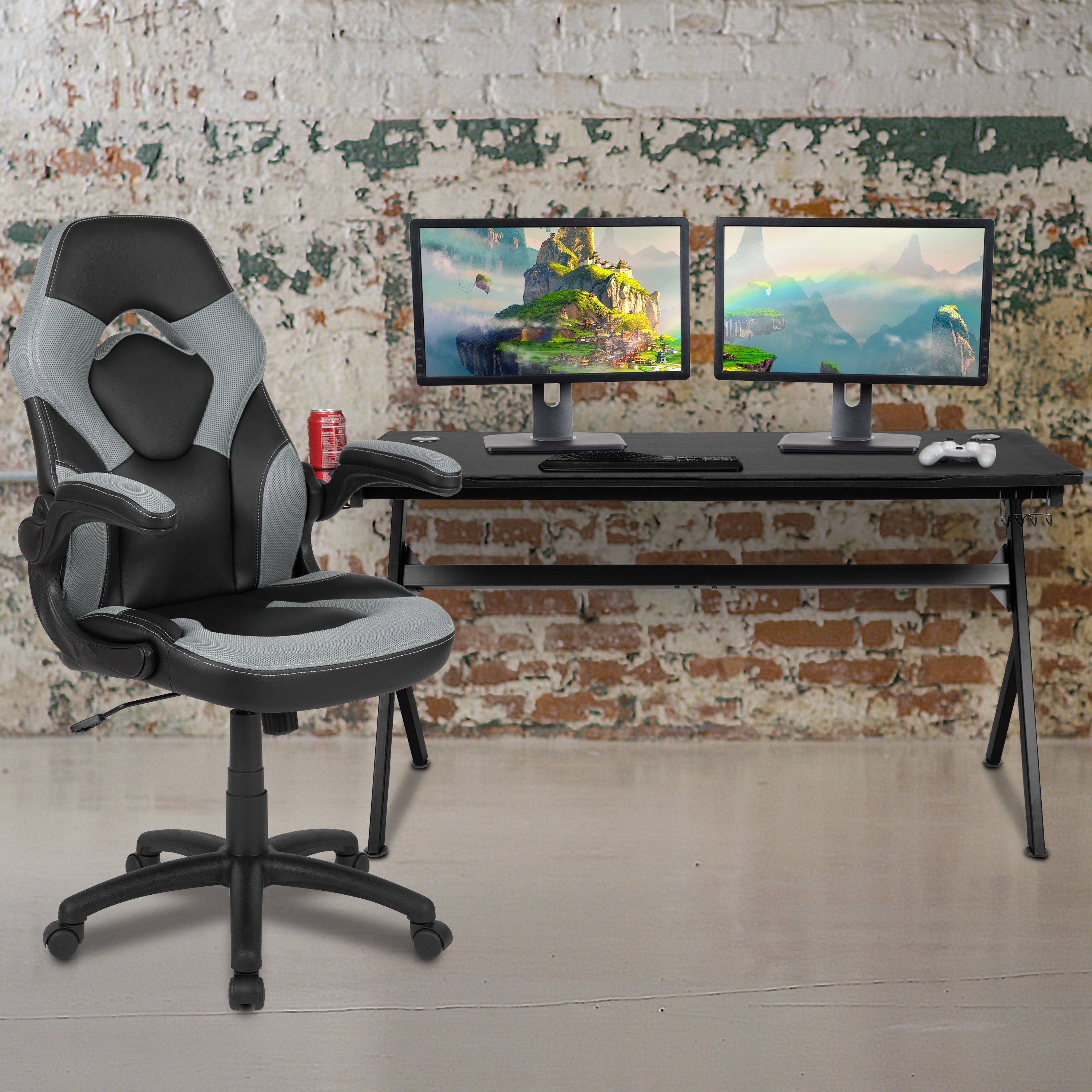 Gaming Desk and Racing Chair Set with Cup Holder, Headphone Hook and Removable Mouse Pad Top - 2 Wire Management Holes