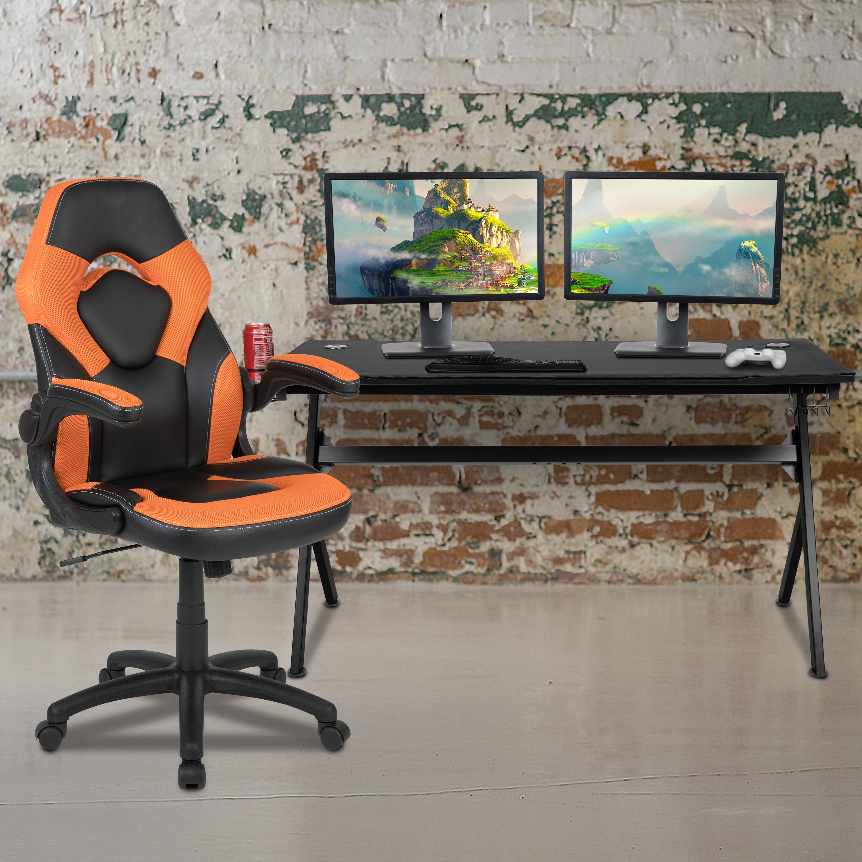 Gaming Desk and Racing Chair Set with Cup Holder, Headphone Hook and Removable Mouse Pad Top - 2 Wire Management Holes