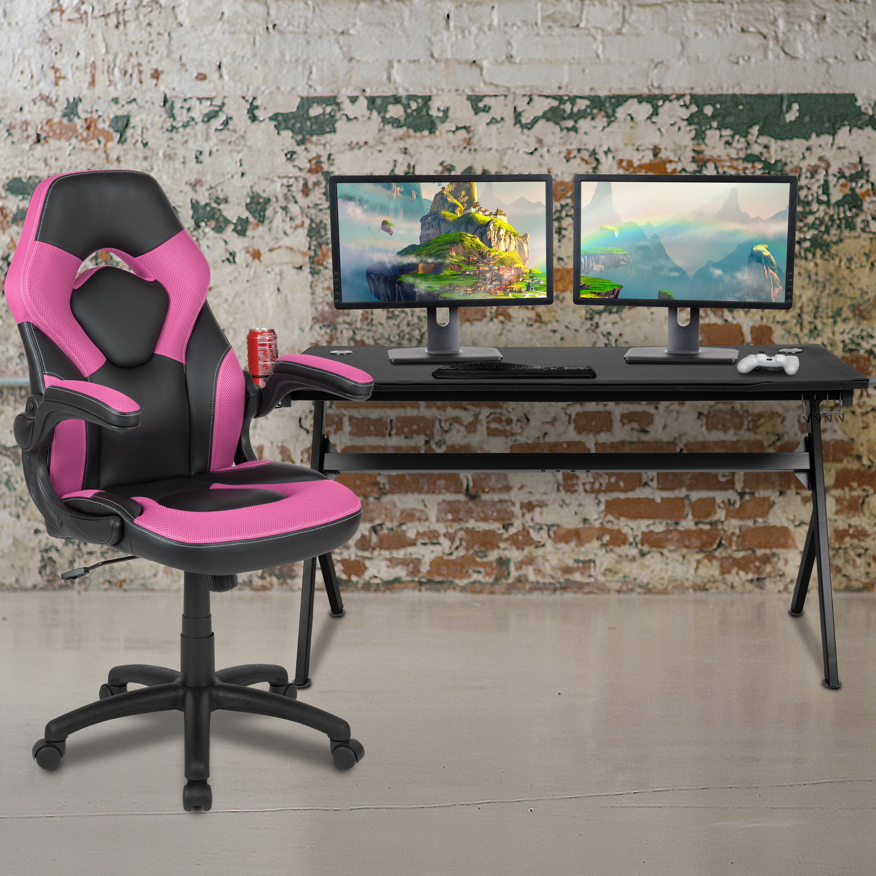 Gaming Desk and Racing Chair Set with Cup Holder, Headphone Hook and Removable Mouse Pad Top - 2 Wire Management Holes