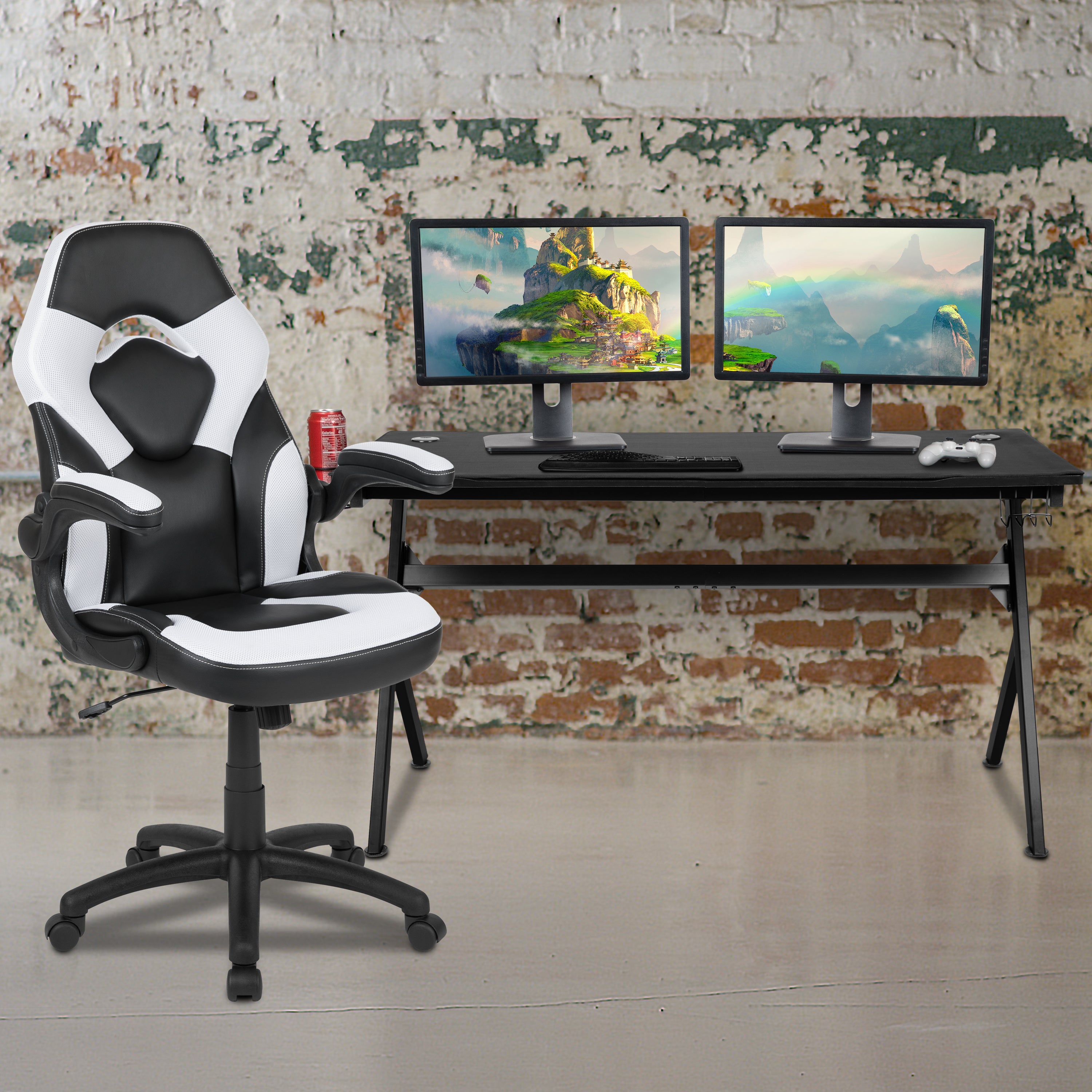 Gaming Desk and Racing Chair Set with Cup Holder, Headphone Hook and Removable Mouse Pad Top - 2 Wire Management Holes