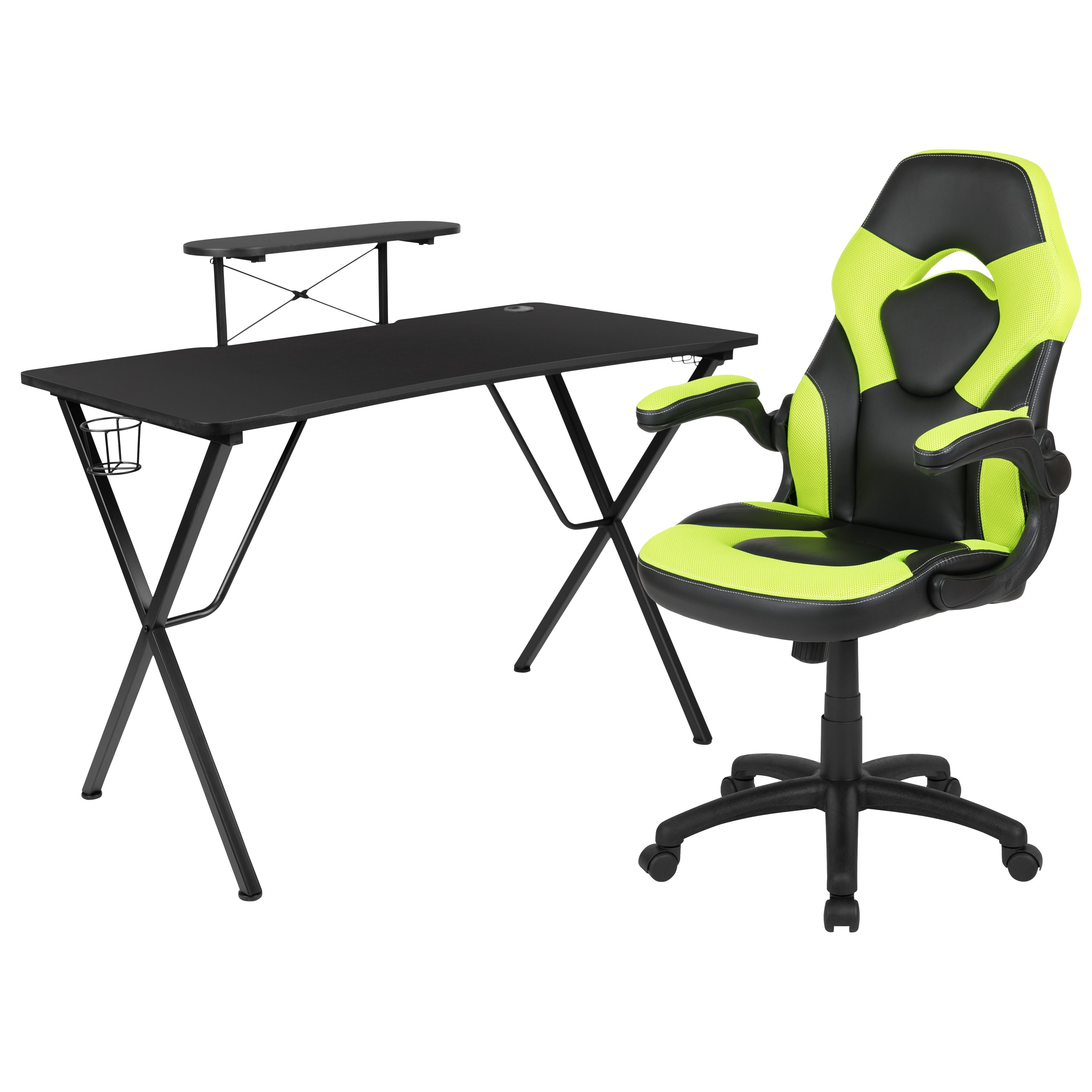 Gaming Desk and Racing Chair Set with Cup Holder, Headphone Hook, and Monitor/Smartphone Stand
