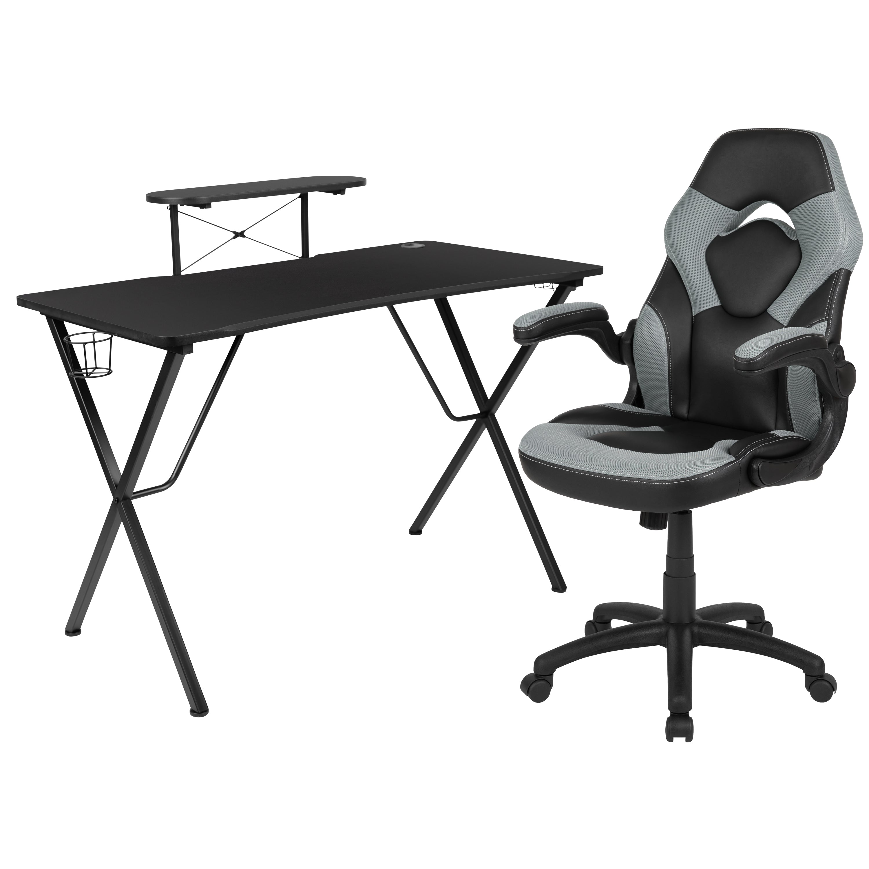 Gaming Desk and Racing Chair Set with Cup Holder, Headphone Hook, and Monitor/Smartphone Stand