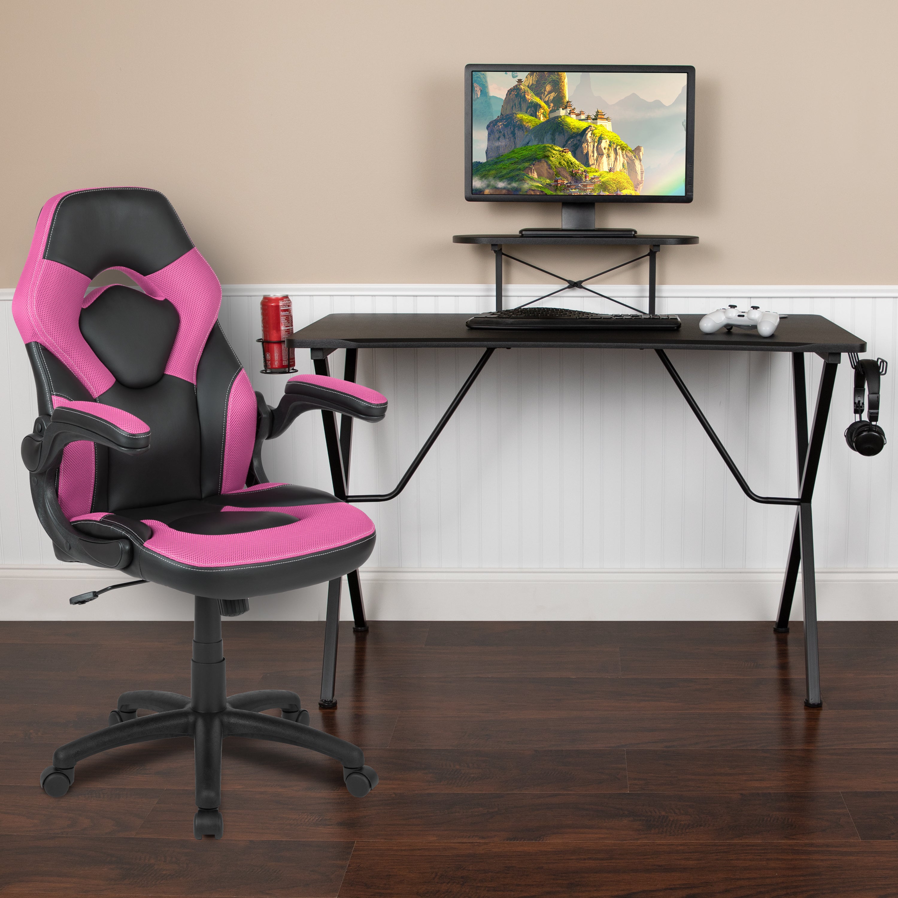 Gaming Desk and Racing Chair Set with Cup Holder, Headphone Hook, and Monitor/Smartphone Stand