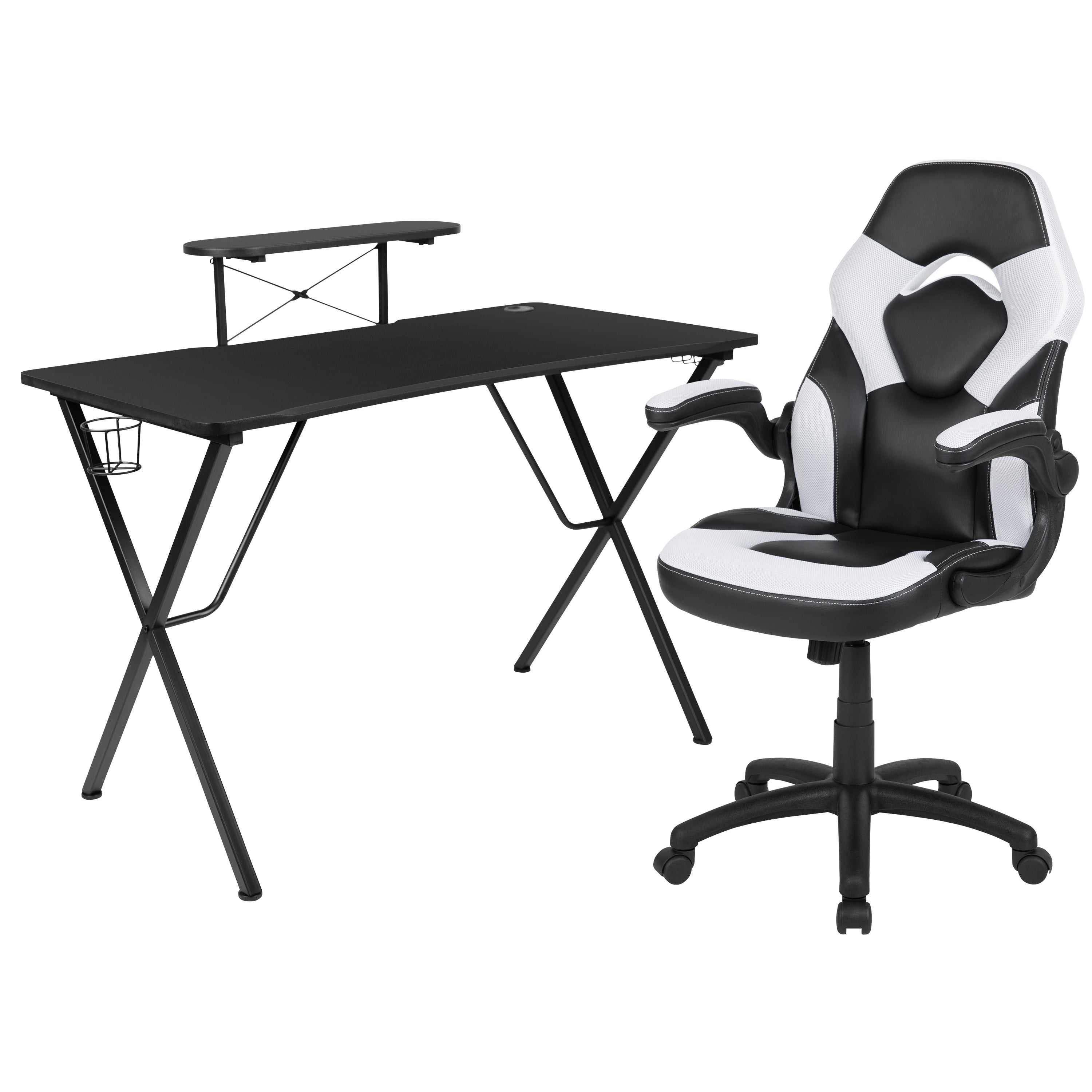 Gaming Desk and Racing Chair Set with Cup Holder, Headphone Hook, and Monitor/Smartphone Stand