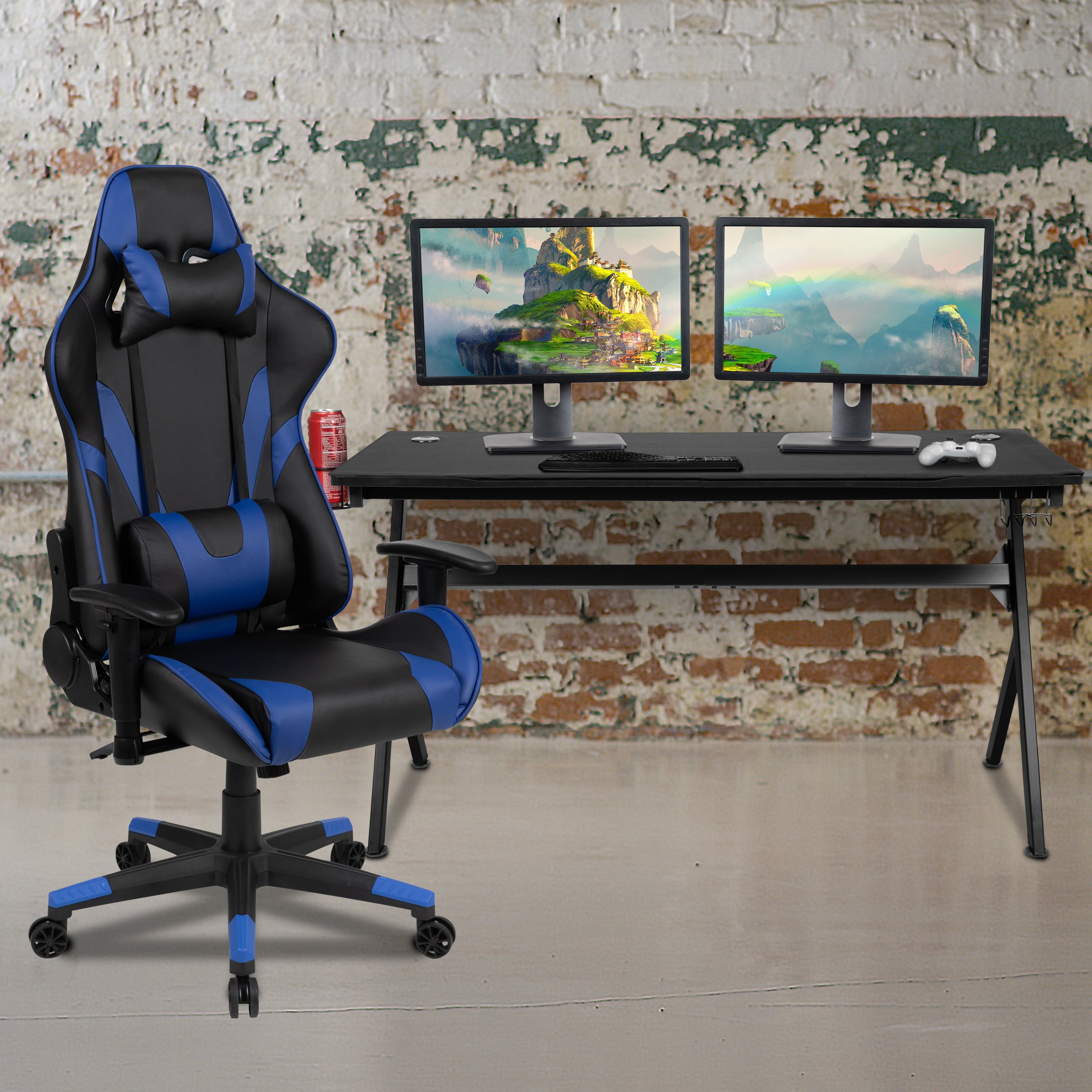 Gaming Desk and Reclining Gaming Chair Set with Cup Holder, Headphone Hook & Removable Mouse Pad Top - Wire Management