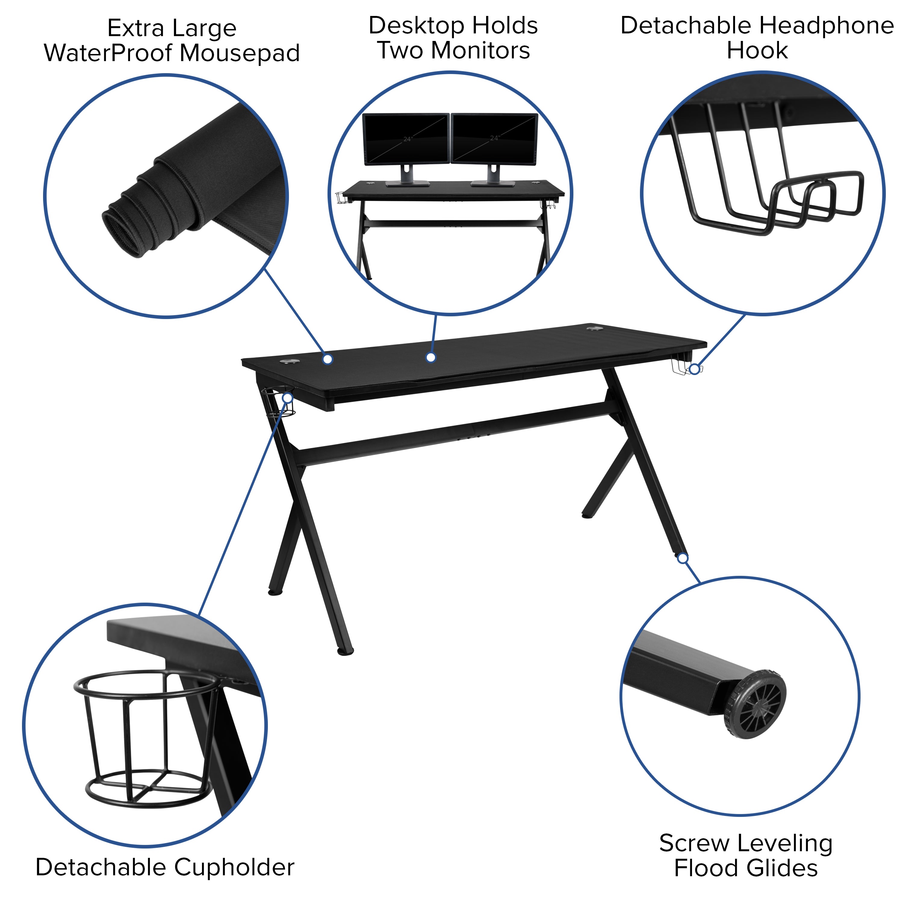 Gaming Desk and Reclining Gaming Chair Set with Cup Holder, Headphone Hook & Removable Mouse Pad Top - Wire Management