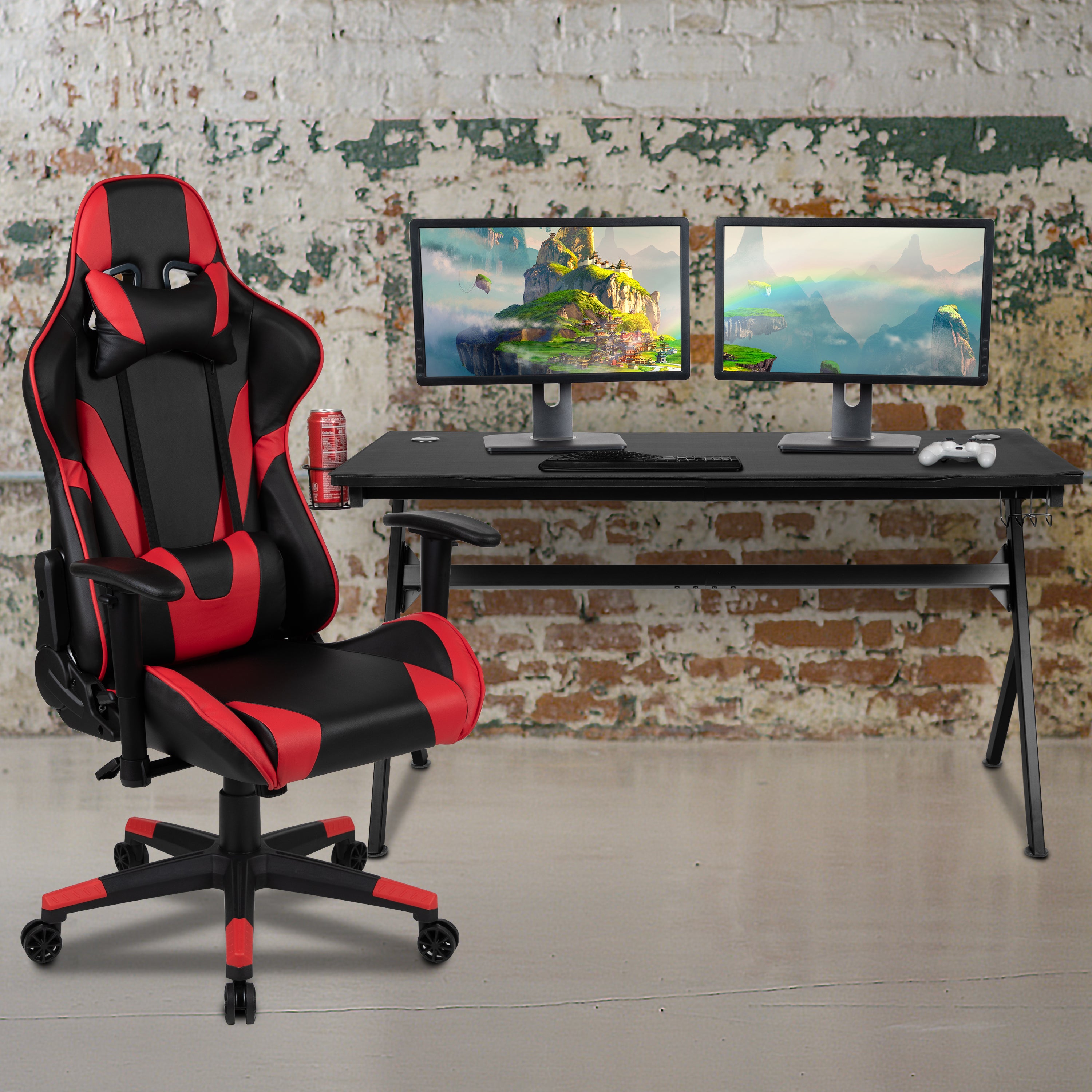 Gaming Desk and Reclining Gaming Chair Set with Cup Holder, Headphone Hook & Removable Mouse Pad Top - Wire Management