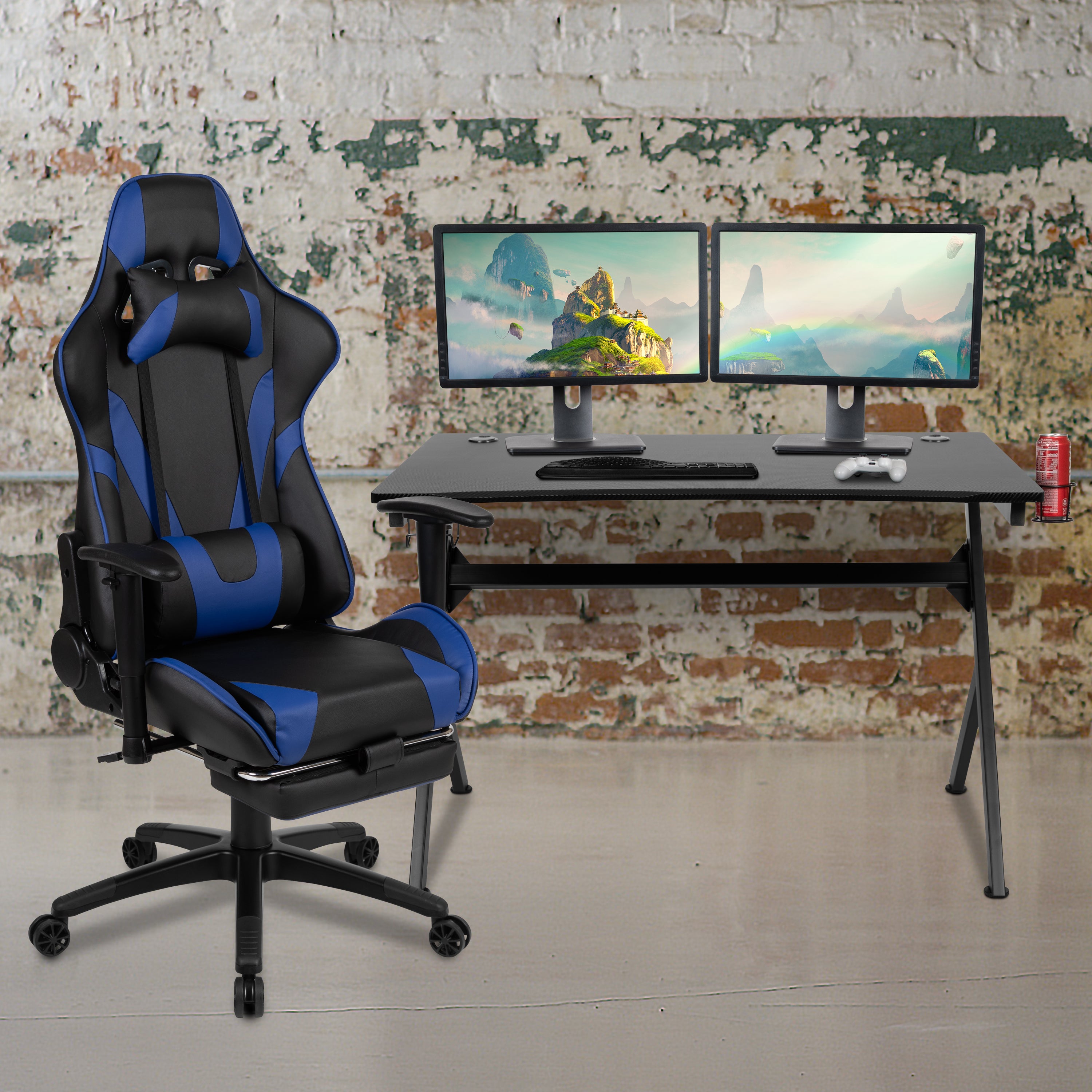 Gaming Desk and Footrest Reclining Gaming Chair Set with Cup Holder, Headphone Hook & 2 Wire Management Holes
