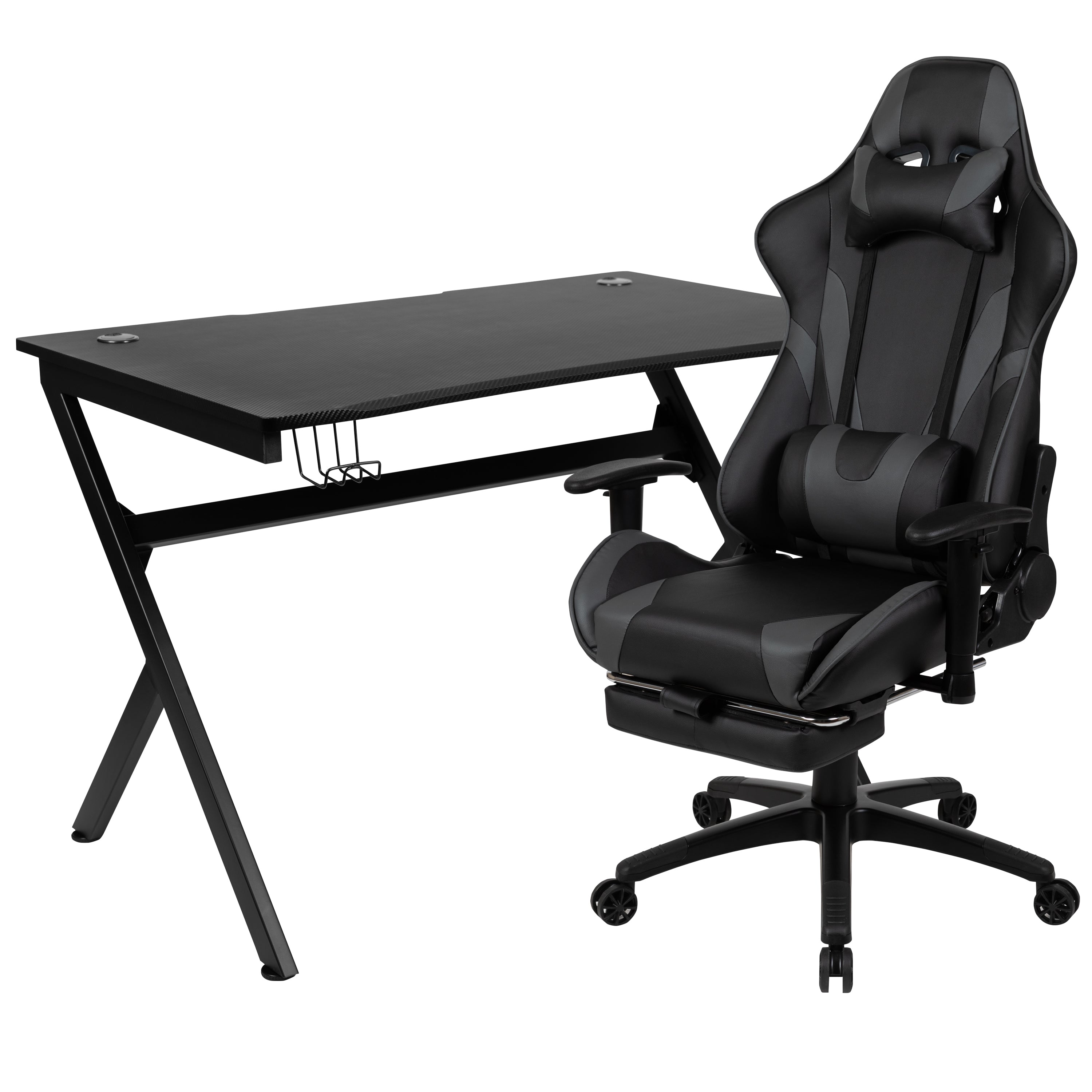 Gaming Desk and Footrest Reclining Gaming Chair Set with Cup Holder, Headphone Hook & 2 Wire Management Holes