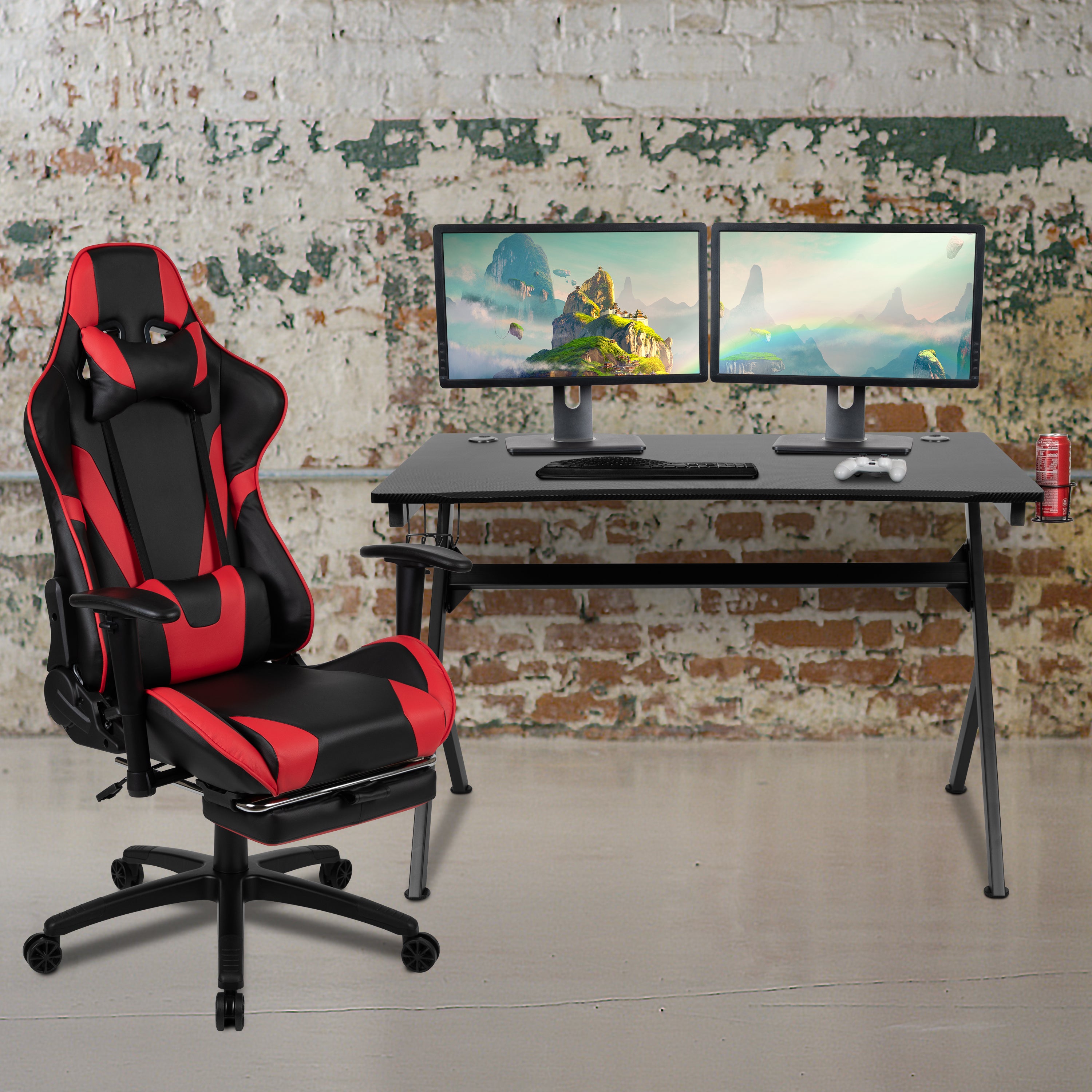 Gaming Desk and Footrest Reclining Gaming Chair Set with Cup Holder, Headphone Hook & 2 Wire Management Holes
