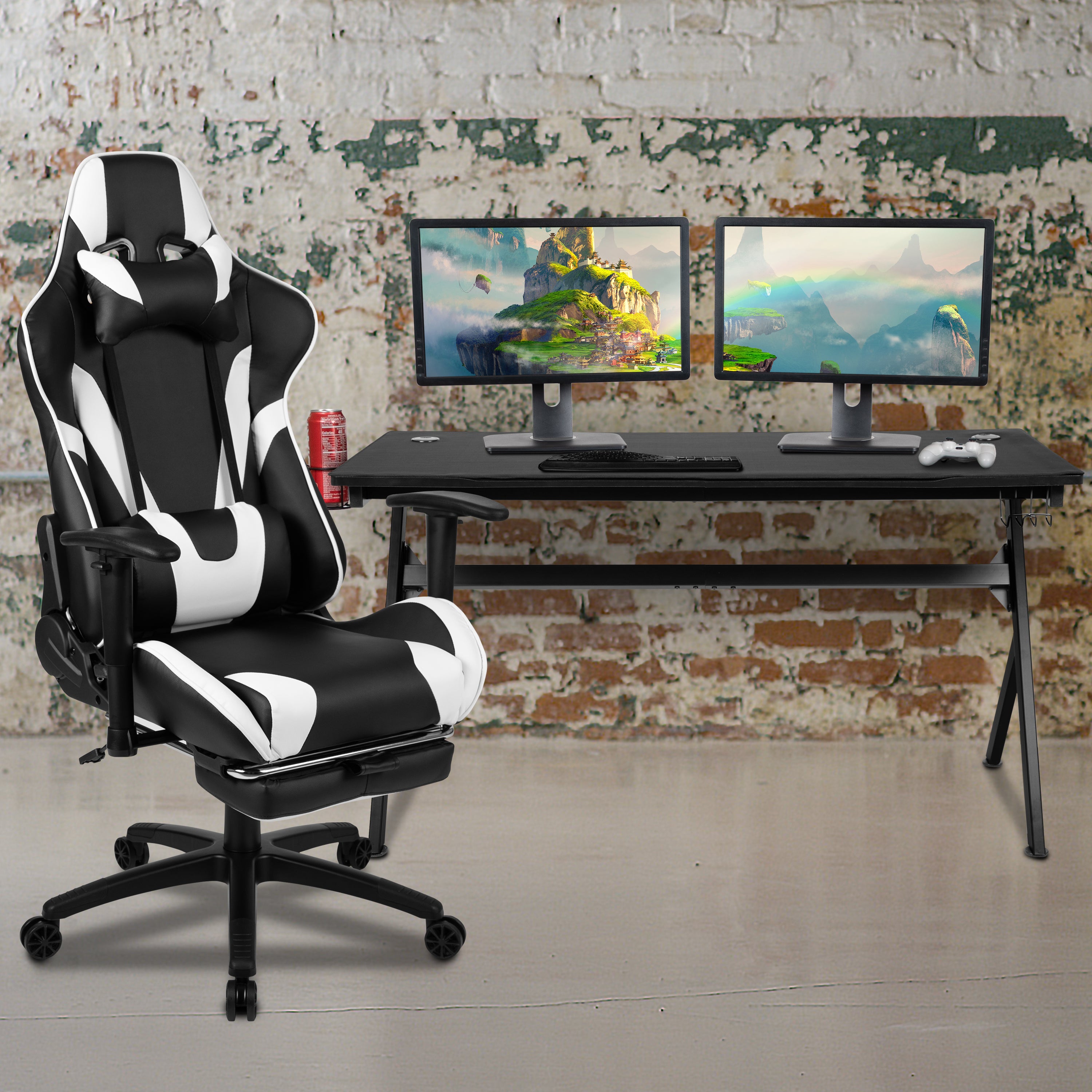 Gaming Desk and Footrest Reclining Gaming Chair Set - Cup Holder/Headphone Hook/Removable Mouse Pad Top/Wire Management-Gaming Bundle - Desk, Chair-Flash Furniture-Wall2Wall Furnishings