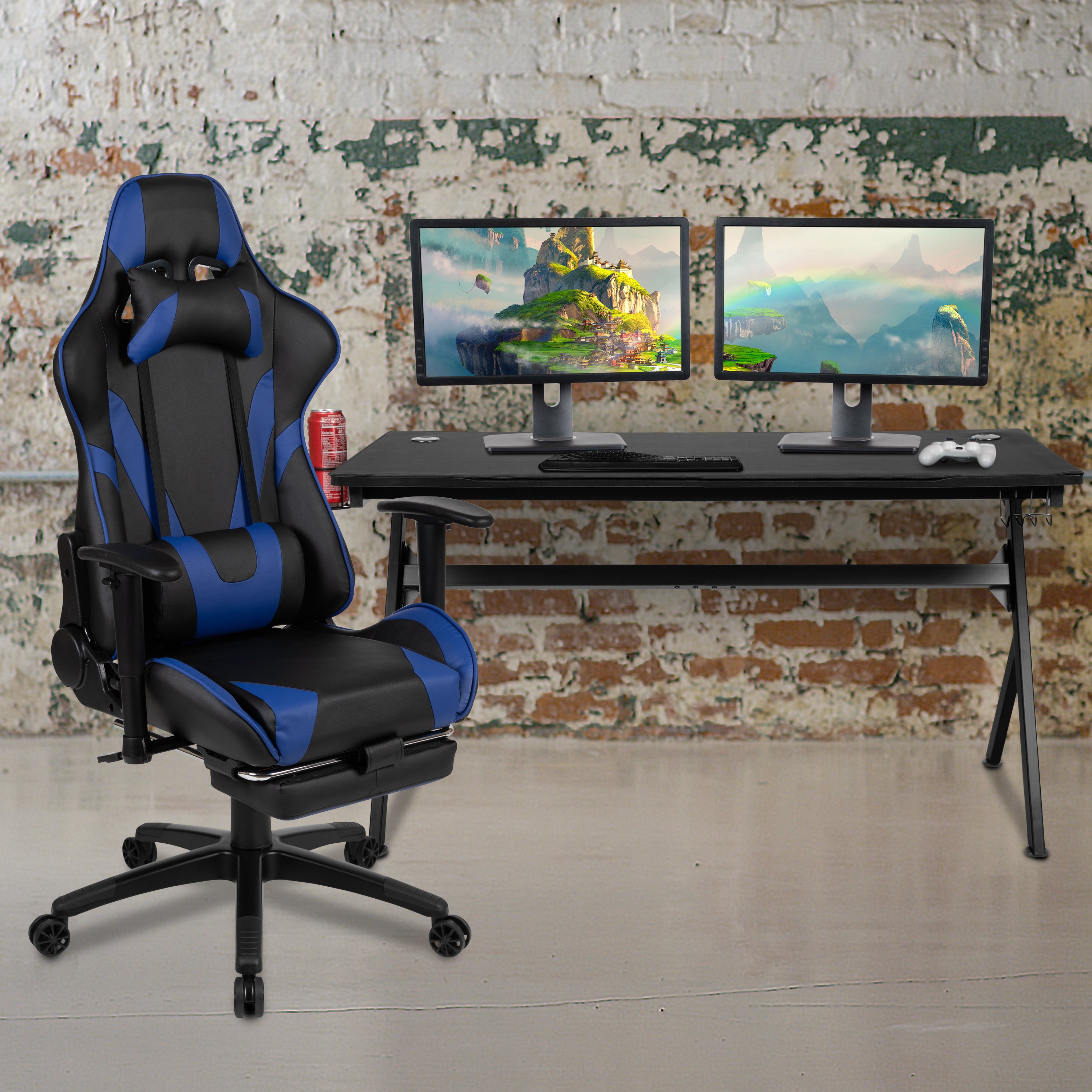 Gaming Desk and Footrest Reclining Gaming Chair Set - Cup Holder/Headphone Hook/Removable Mouse Pad Top/Wire Management