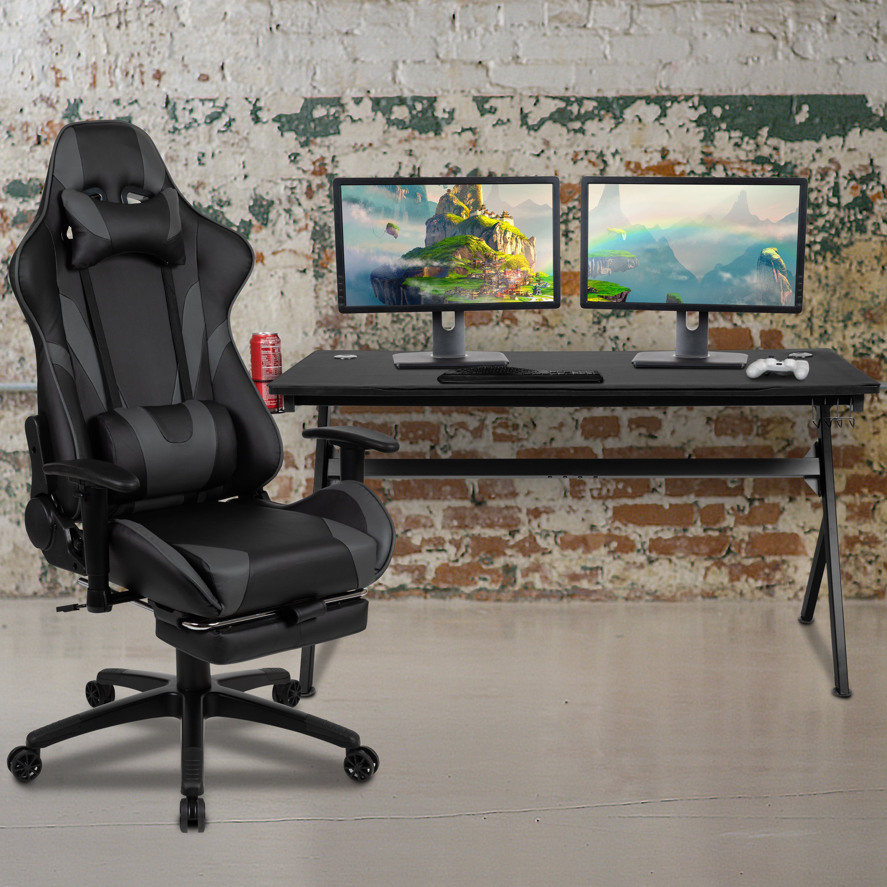 Gaming Desk and Footrest Reclining Gaming Chair Set - Cup Holder/Headphone Hook/Removable Mouse Pad Top/Wire Management