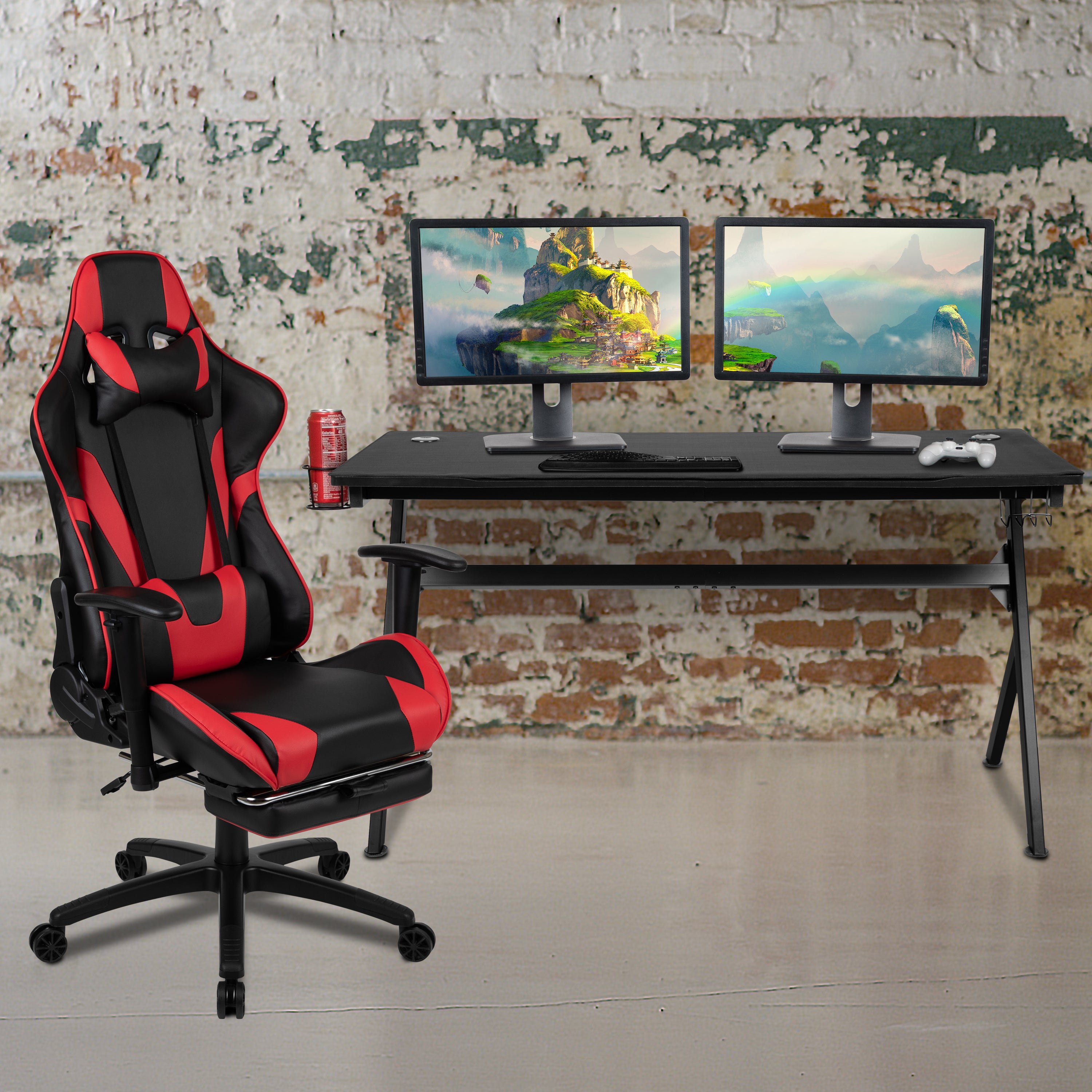 Gaming Desk and Footrest Reclining Gaming Chair Set - Cup Holder/Headphone Hook/Removable Mouse Pad Top/Wire Management