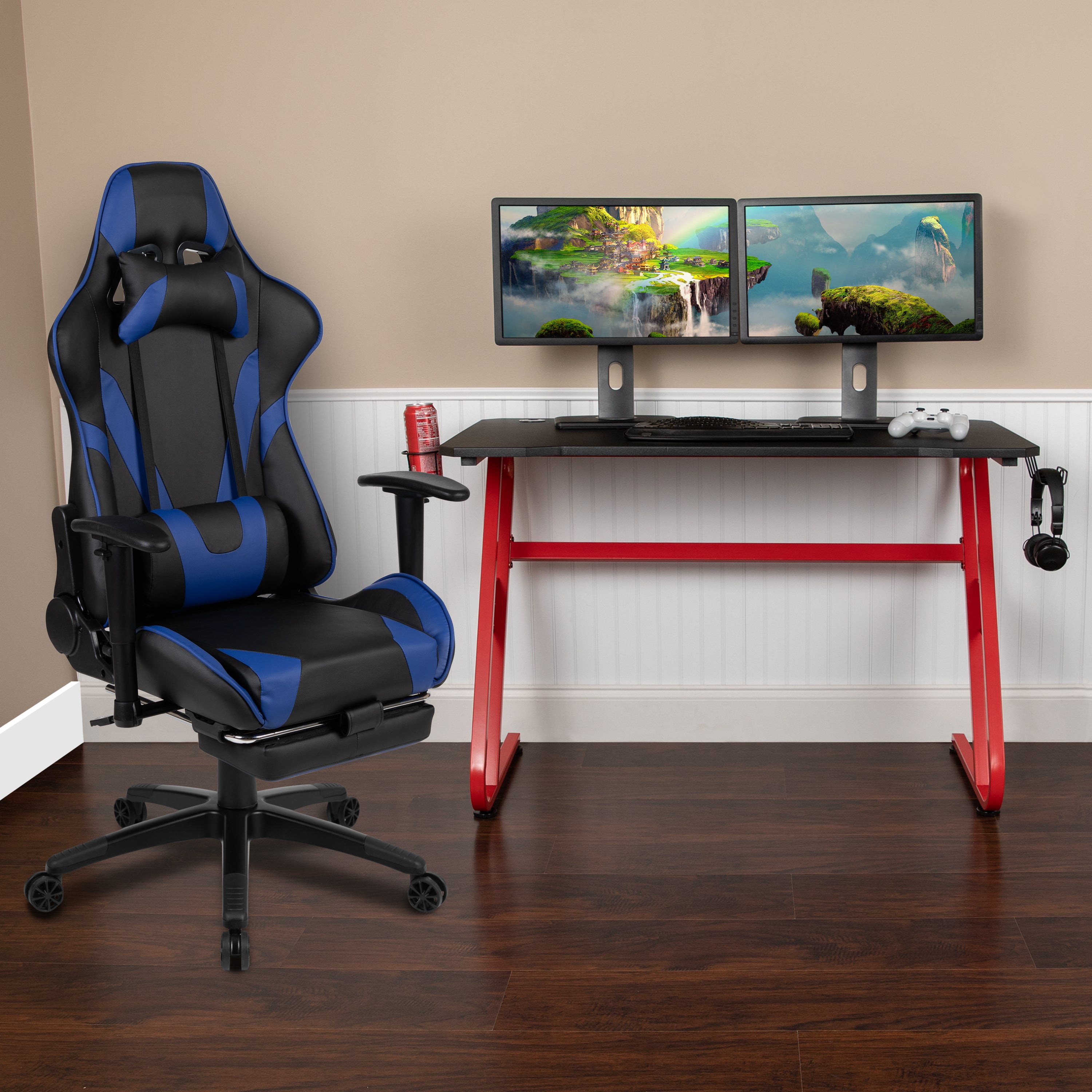 Gaming Desk and Footrest Reclining Gaming Chair Set with Cup Holder and Headphone Hook