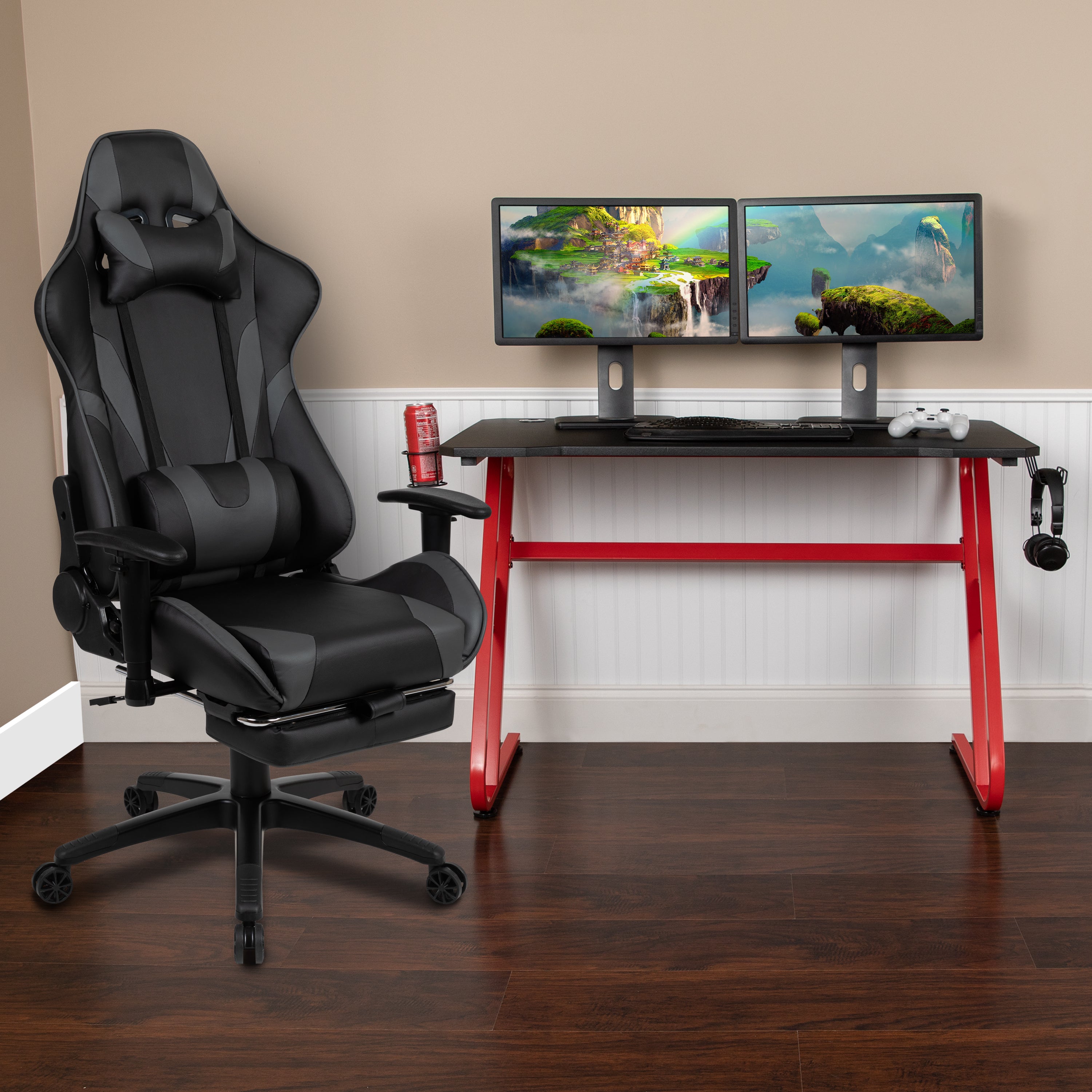 Gaming Desk and Footrest Reclining Gaming Chair Set with Cup Holder and Headphone Hook