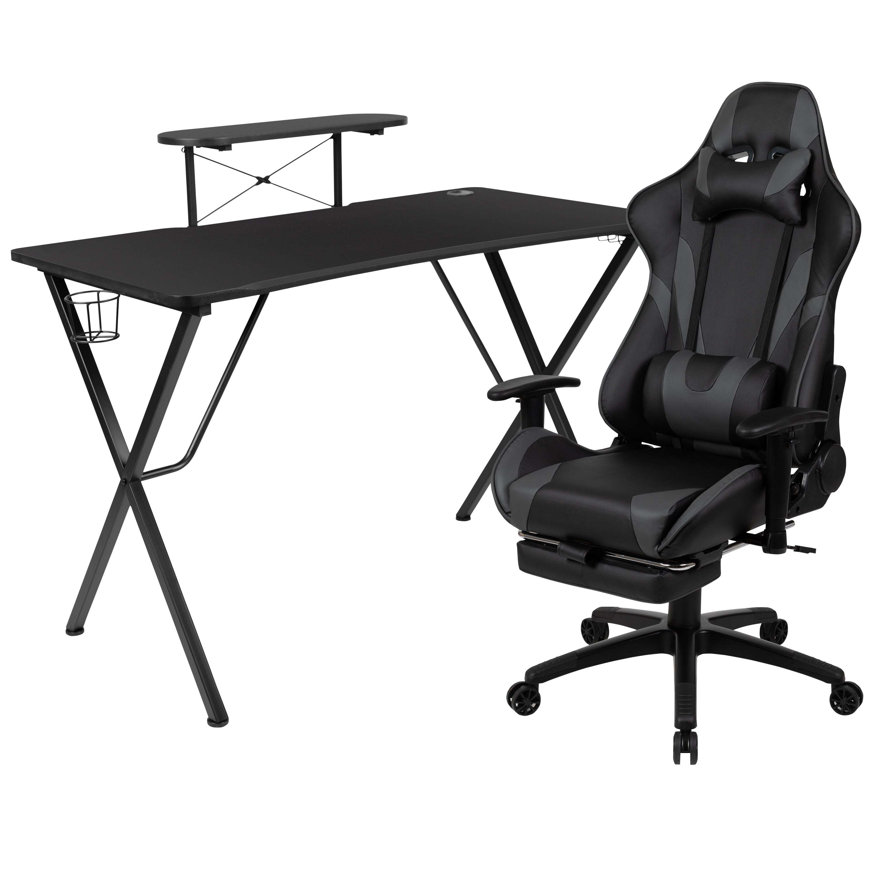 Gaming Desk and Footrest Reclining Gaming Chair Set with Cup Holder, Headphone Hook, and Monitor/Smartphone Stand