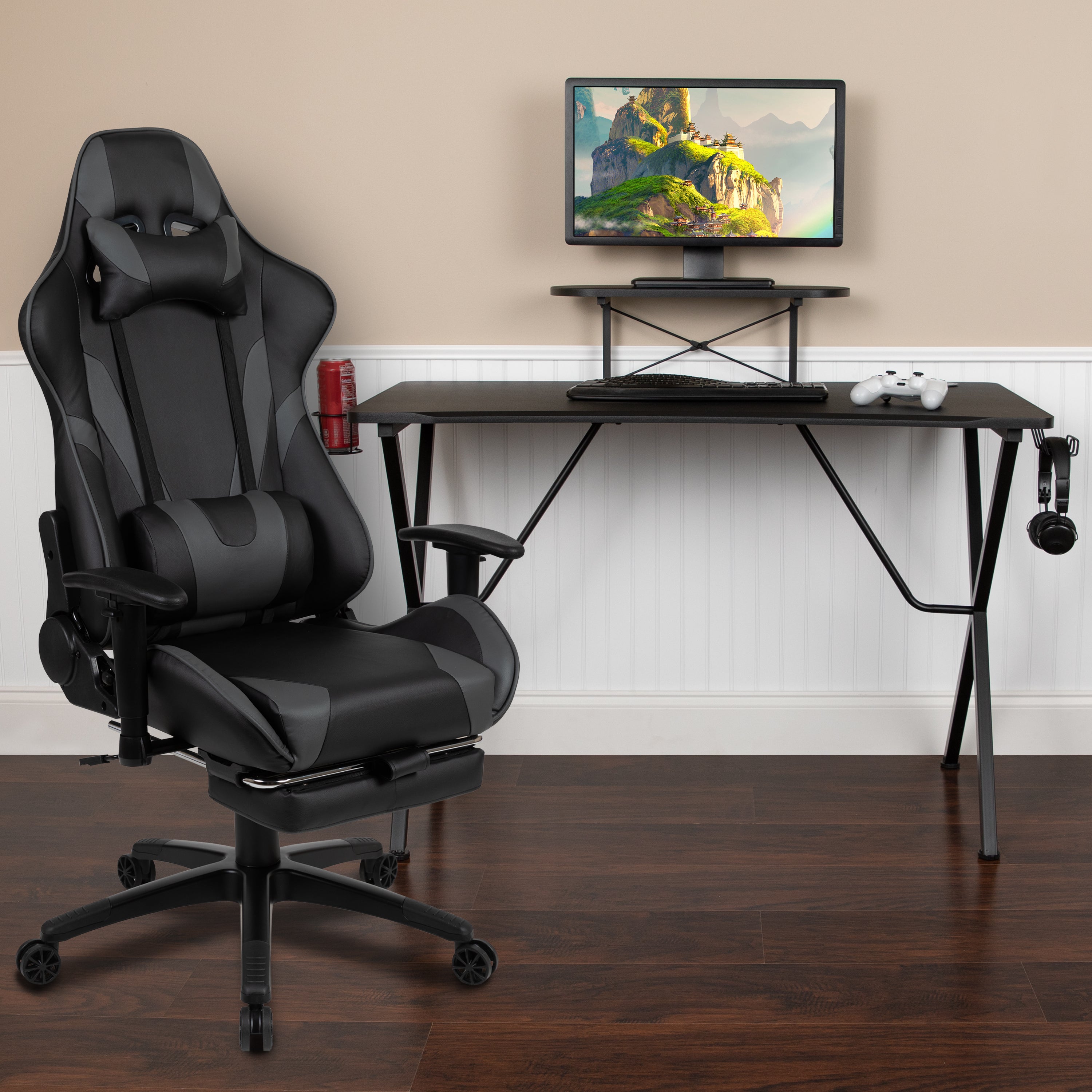 Gaming Desk and Footrest Reclining Gaming Chair Set with Cup Holder, Headphone Hook, and Monitor/Smartphone Stand