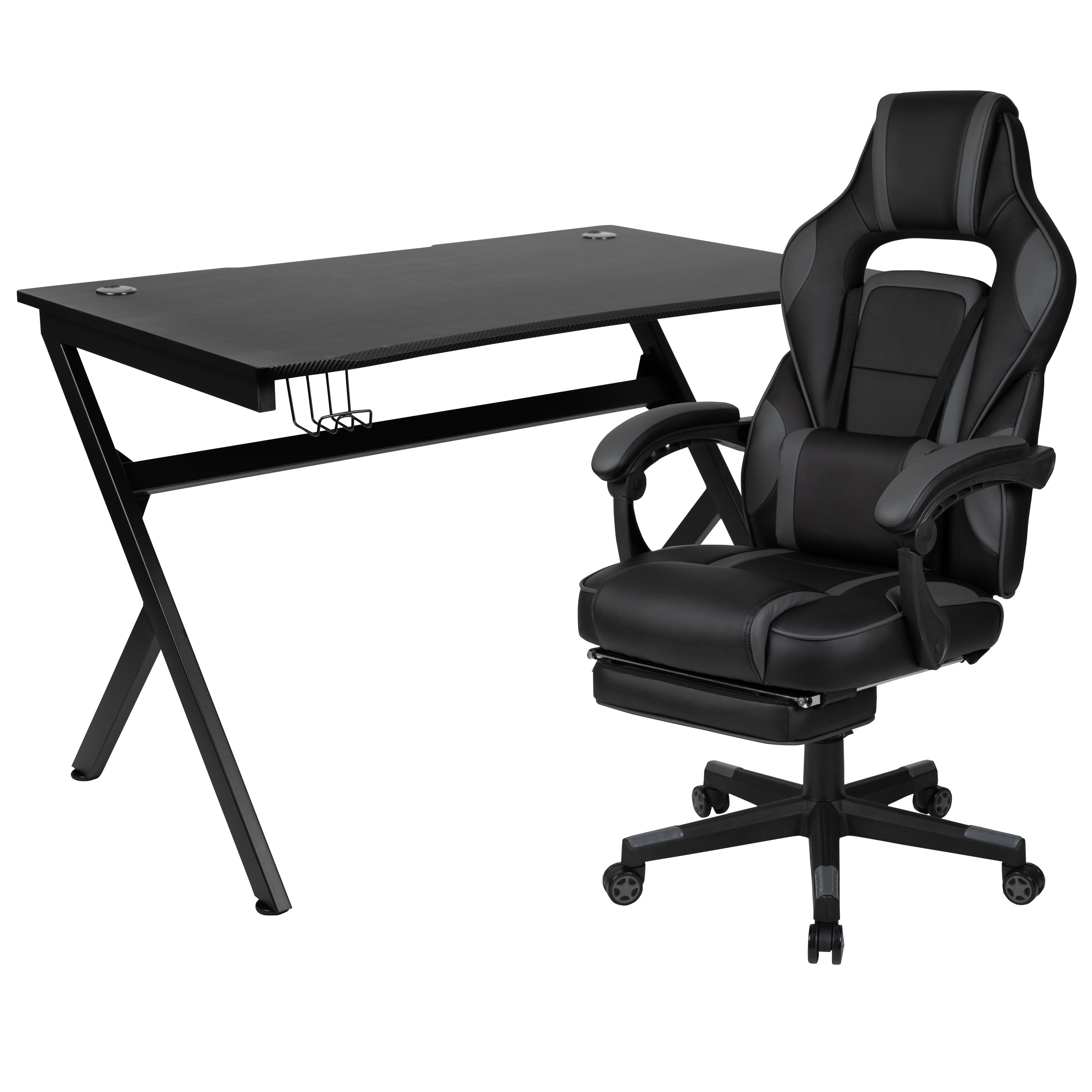 Gaming Desk with Cup Holder/Headphone Hook/2 Wire Management Holes & Reclining Back/Arms Gaming Chair with Footrest-Gaming Bundle - Desk, Chair-Flash Furniture-Wall2Wall Furnishings