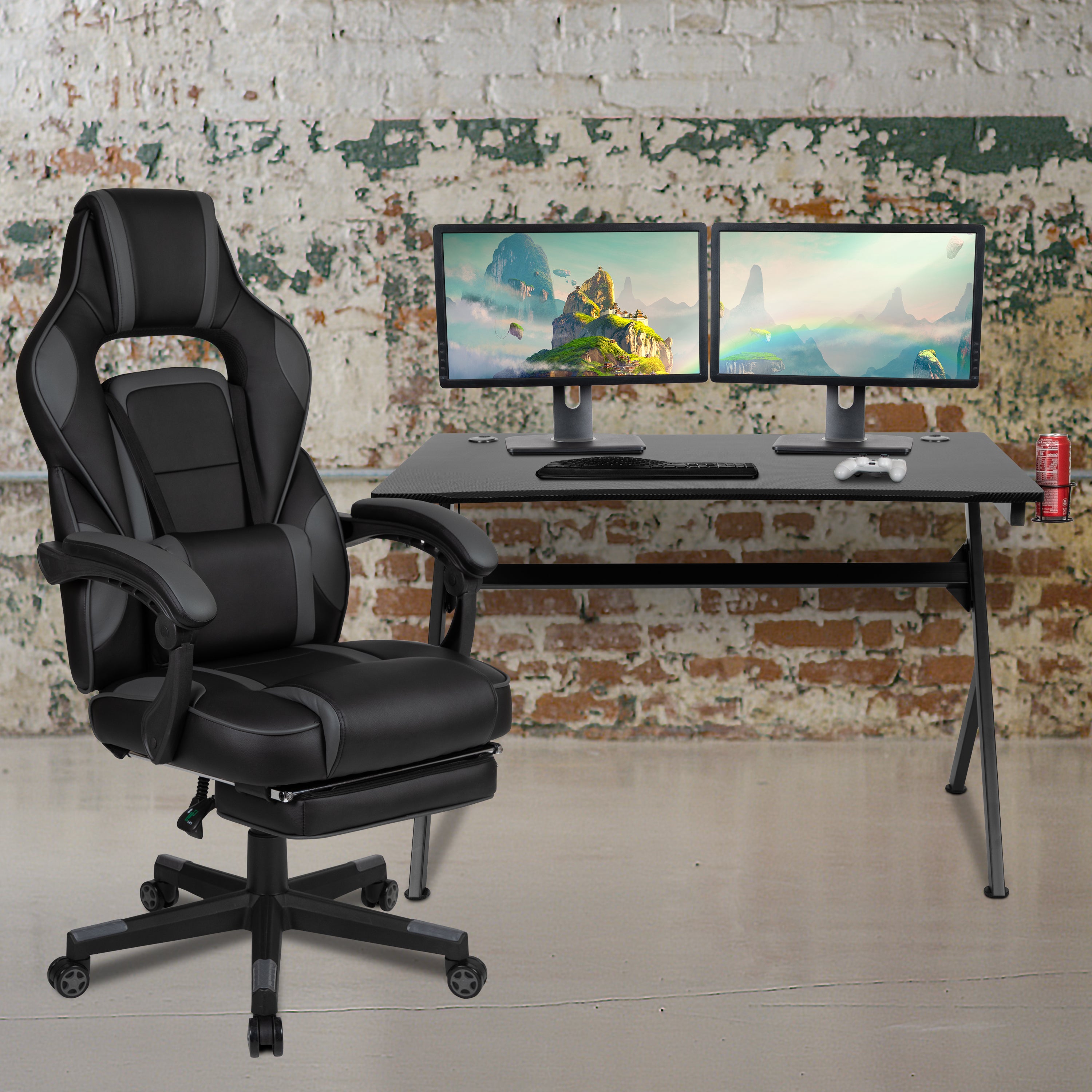 Gaming Desk with Cup Holder/Headphone Hook/2 Wire Management Holes & Reclining Back/Arms Gaming Chair with Footrest-Gaming Bundle - Desk, Chair-Flash Furniture-Wall2Wall Furnishings