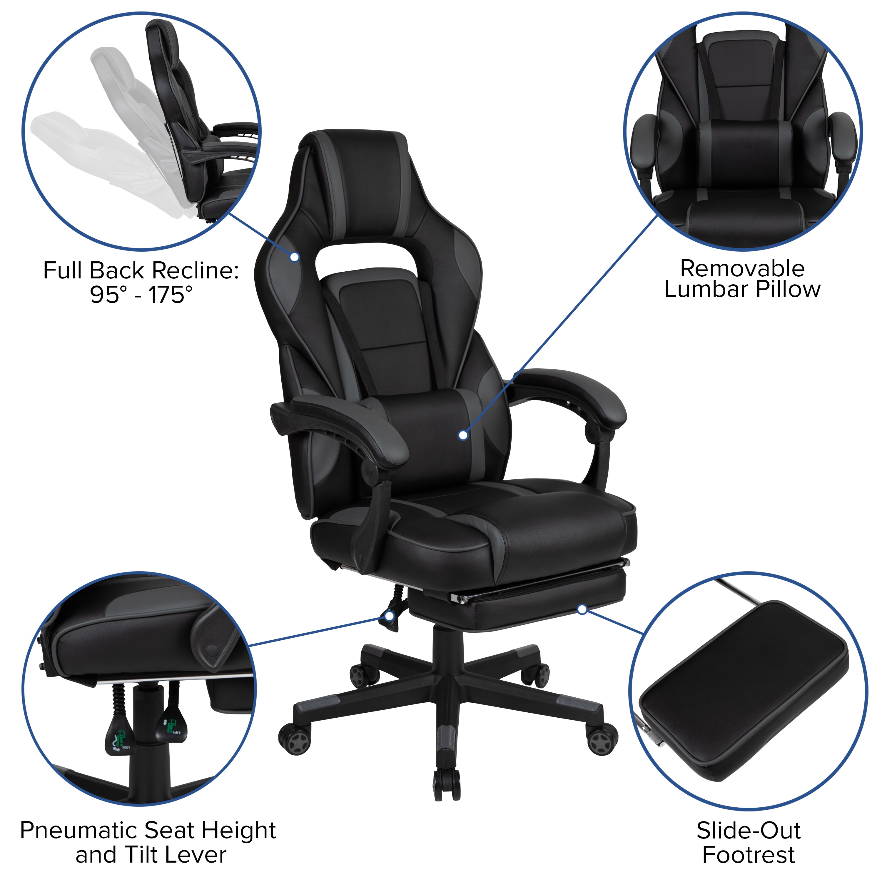 Gaming Desk with Cup Holder/Headphone Hook/2 Wire Management Holes & Reclining Back/Arms Gaming Chair with Footrest
