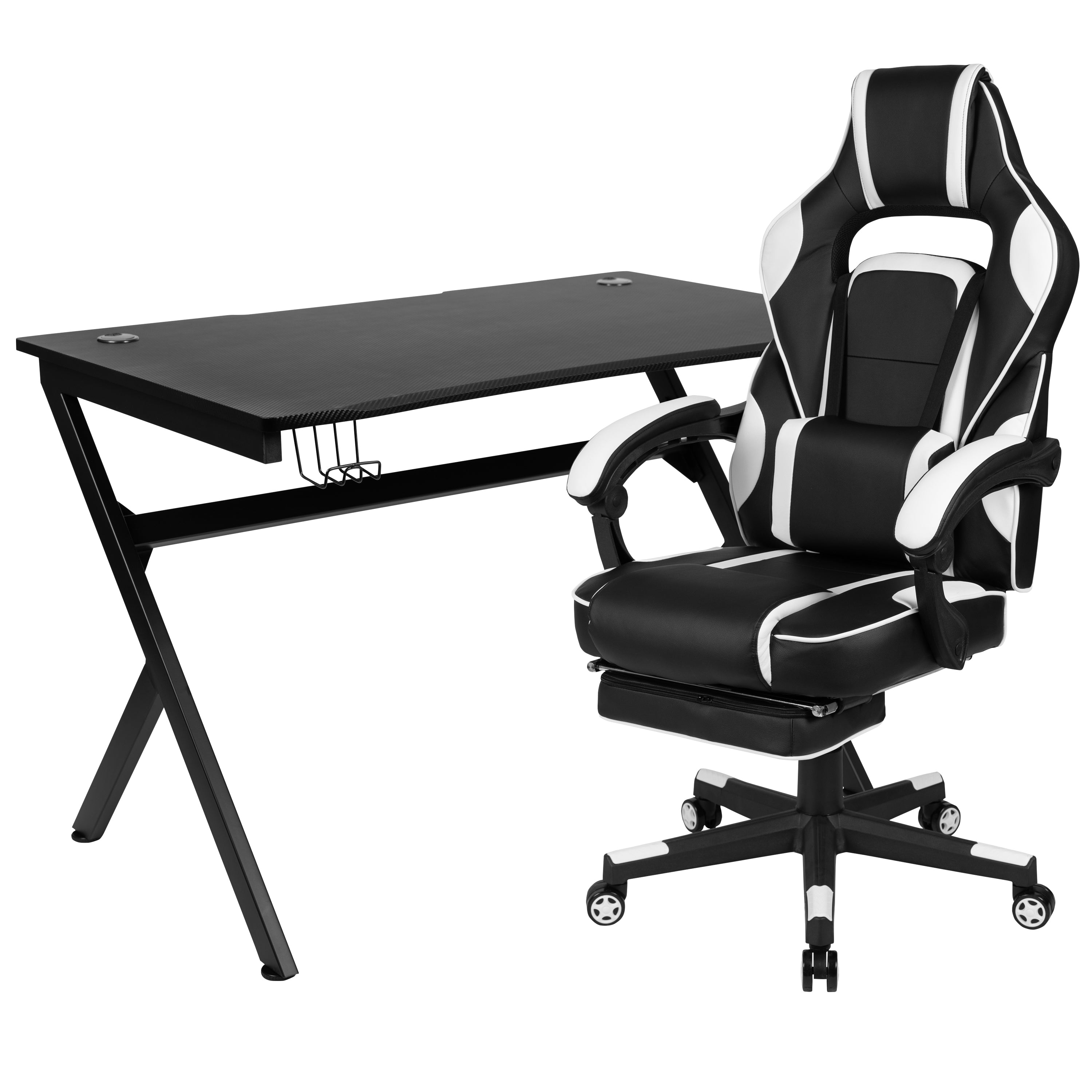 Gaming Desk with Cup Holder/Headphone Hook/2 Wire Management Holes & Reclining Back/Arms Gaming Chair with Footrest